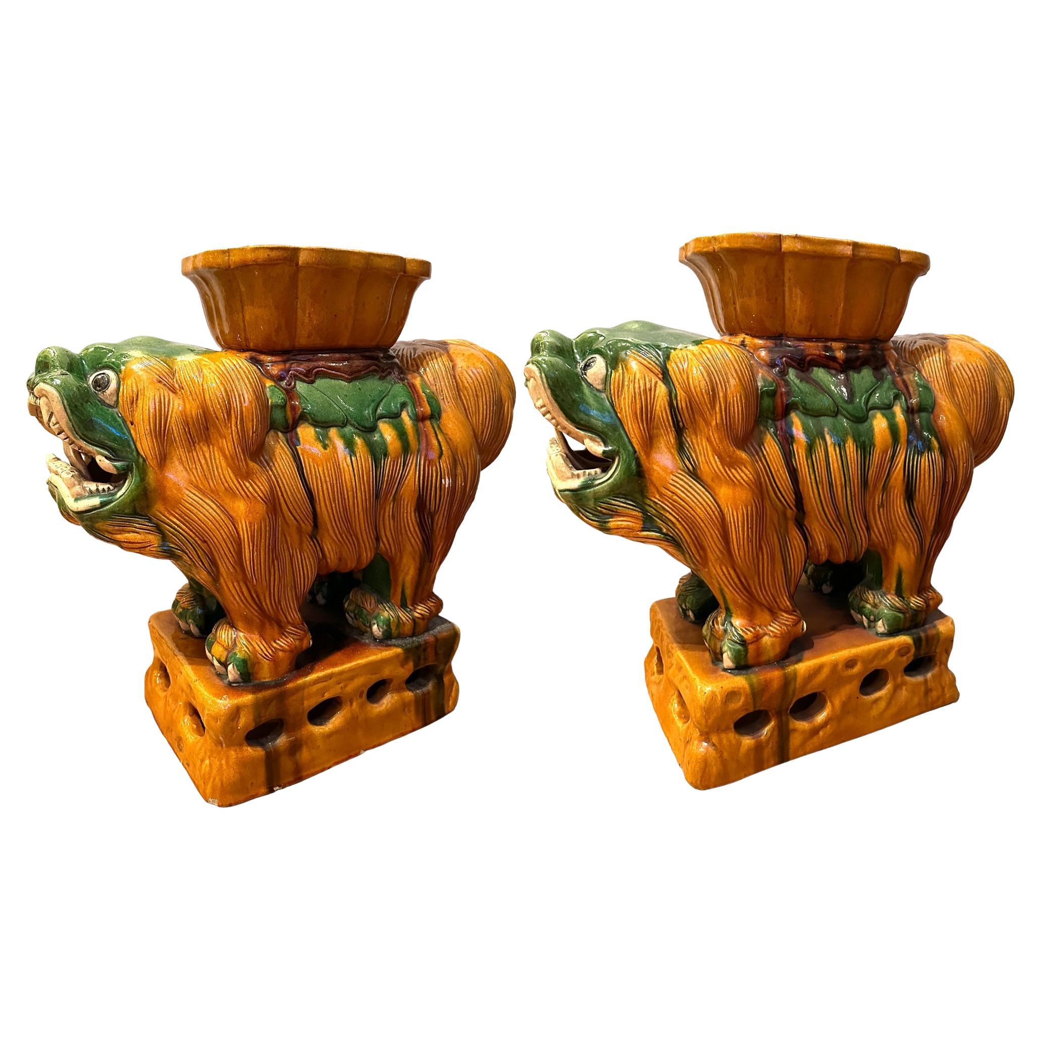 Pair Italian Terracotta Ceramic Foo Dog Garden Seats, Stools or Side Table 1960s For Sale