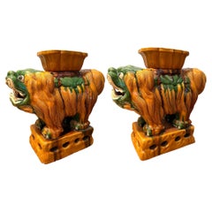 Vintage Pair Italian Terracotta Ceramic Foo Dog Garden Seats, Stools or Side Table 1960s