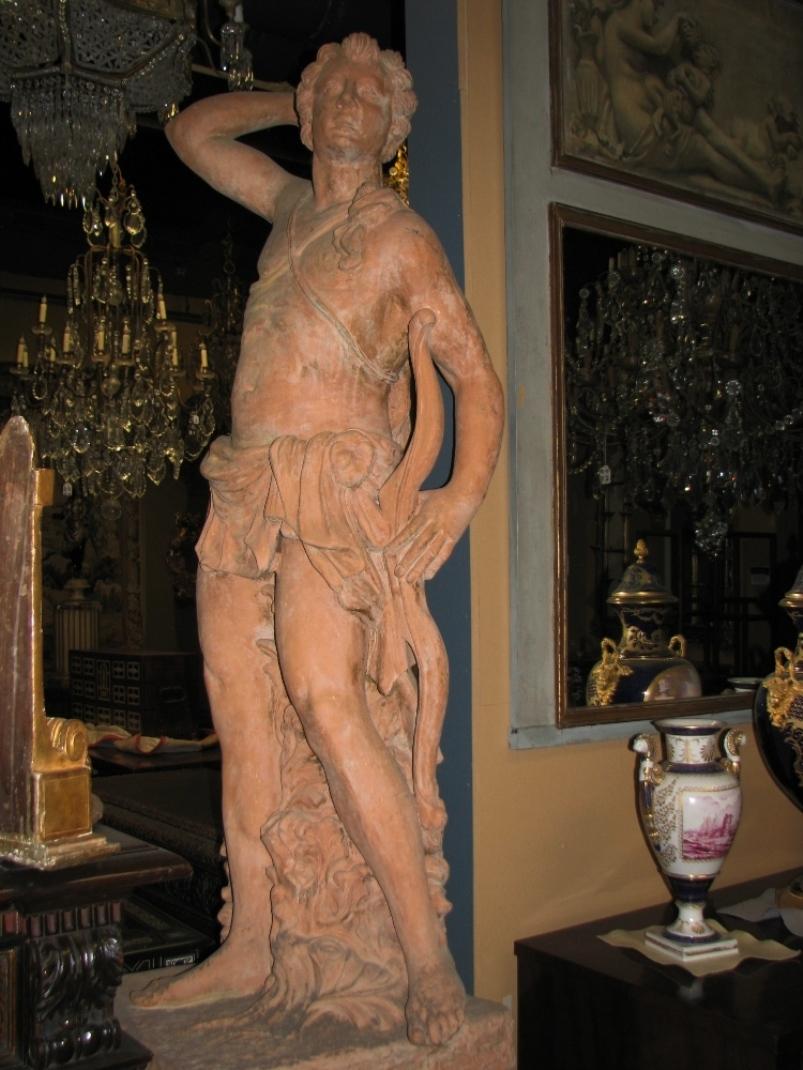 Molded Pair of Italian Terracotta Garden Statues On Pedestals, Life-Size