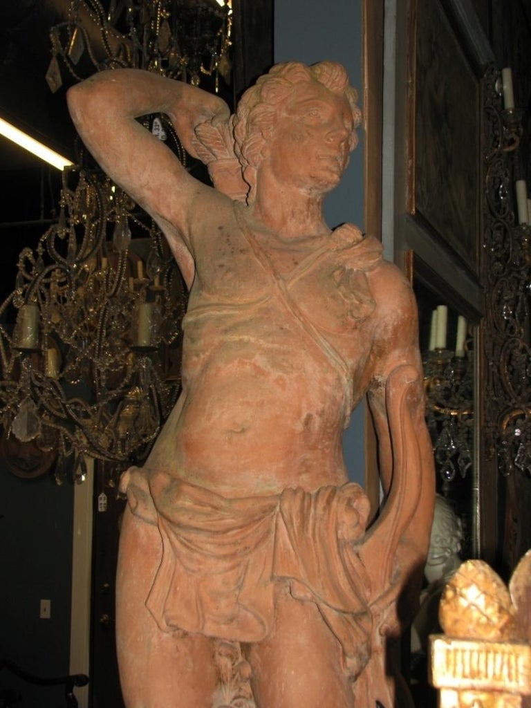 Pair of Italian Terracotta Garden Statues On Pedestals, LifeSize at