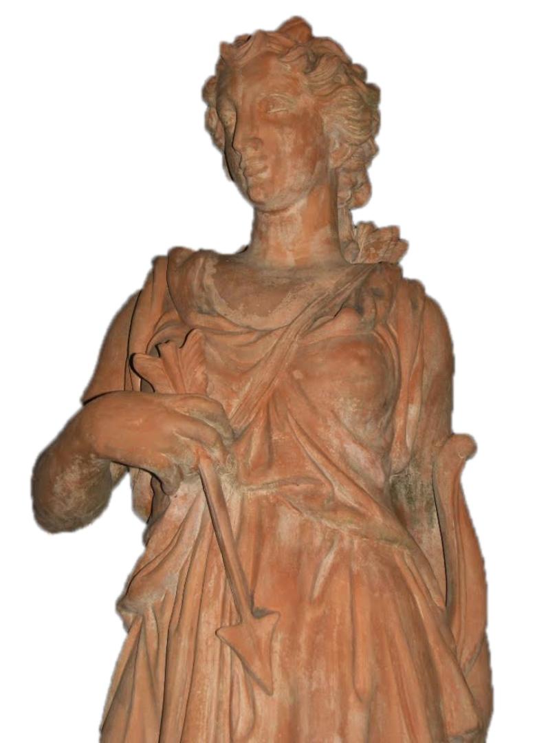 20th Century Pair of Italian Terracotta Garden Statues On Pedestals, Life-Size