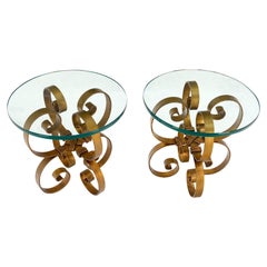 Pair Italian Think 3/4" Glass Top Gold Gilt Scrolls Shape Bases End Tables Stand