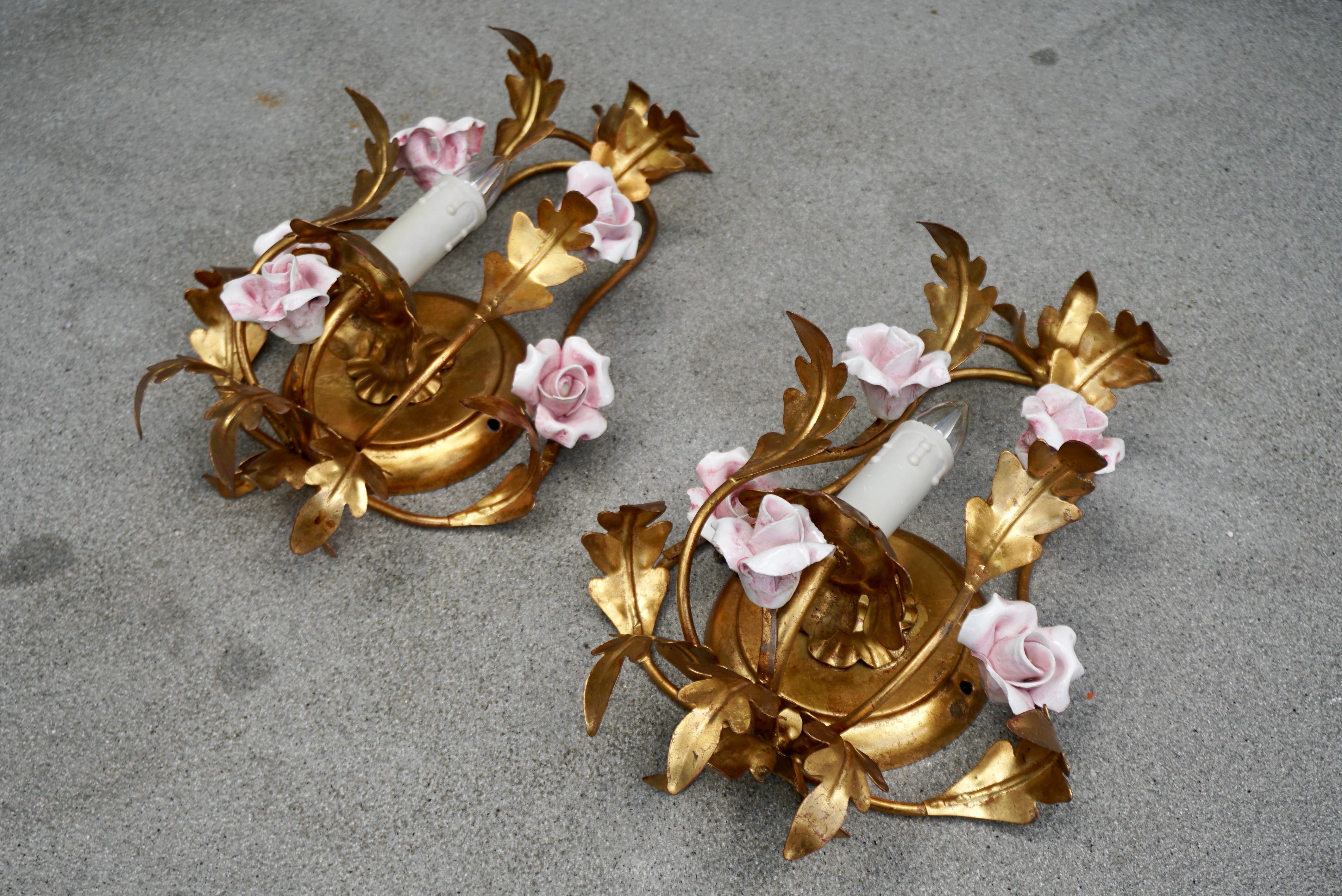 Hollywood Regency Pair Italian Tole Floral Gilt Wall Candle Sconce