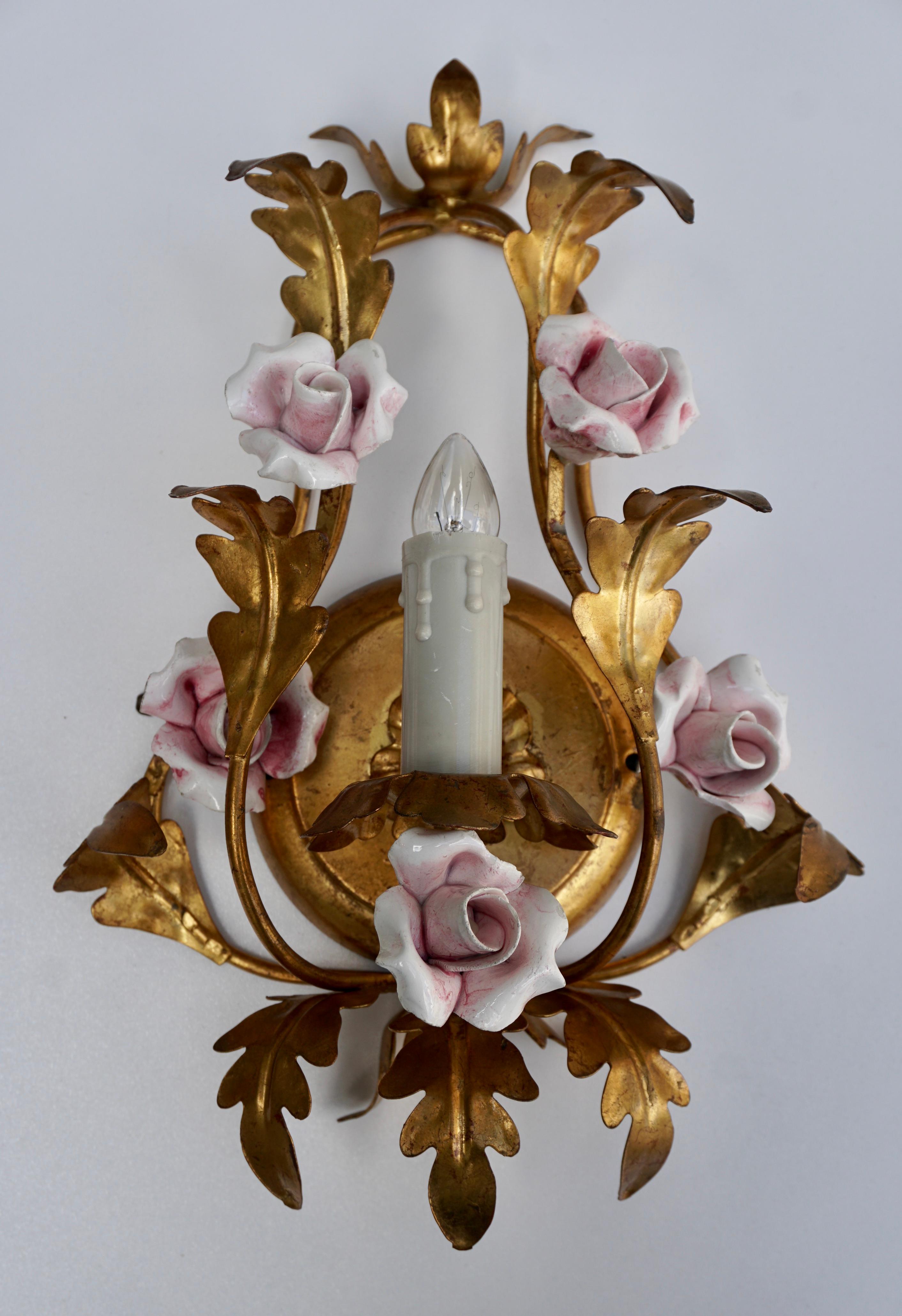 20th Century Pair Italian Tole Floral Gilt Wall Candle Sconce