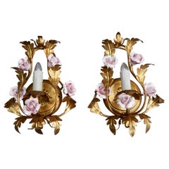 Pair Italian Tole Floral Gilt Wall Candle Sconce Pair Italian Tole Floral Gilt Wall Candle Sconce