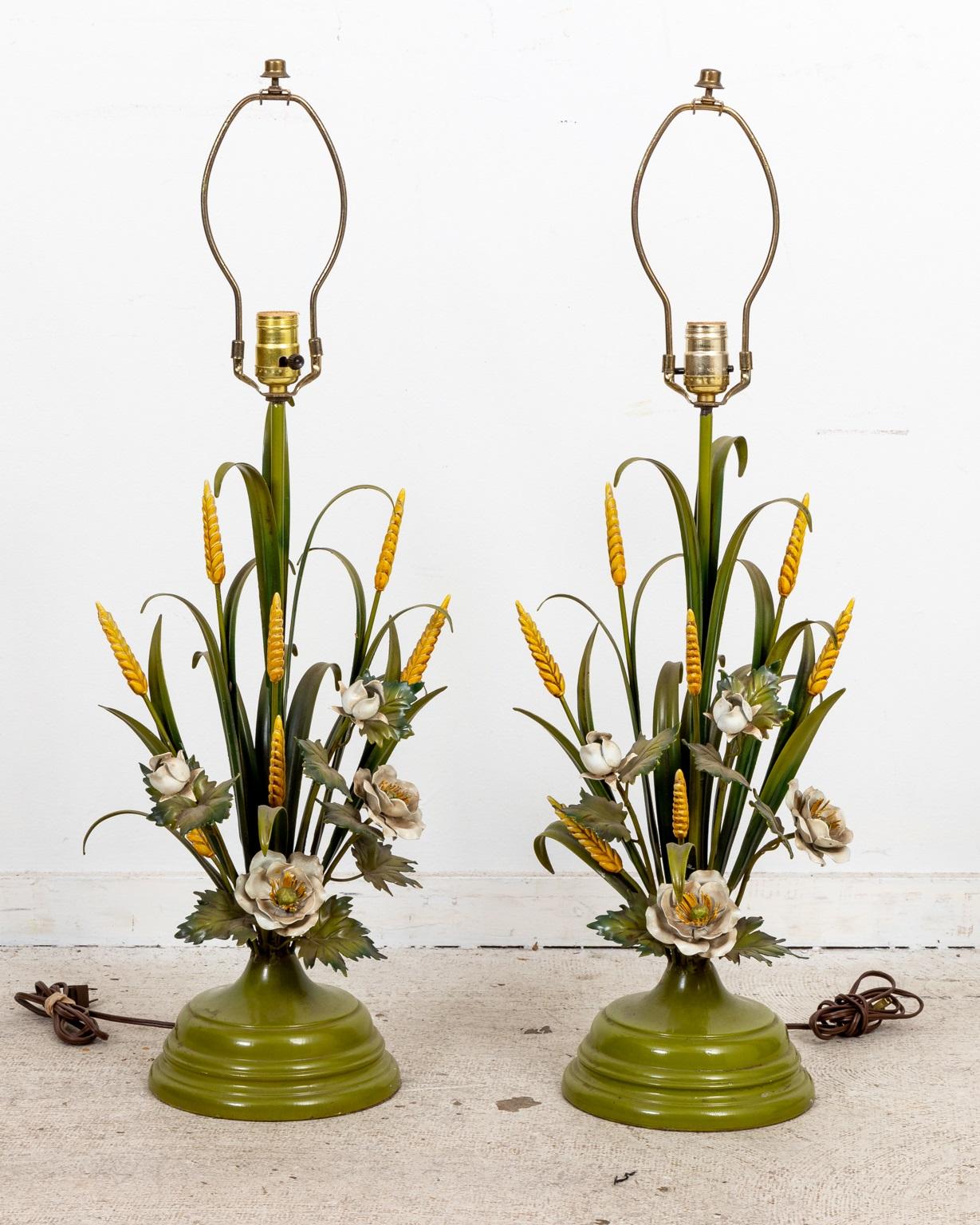 Mid-20th Century Pair Italian Tole Flower and Wheat Lamps