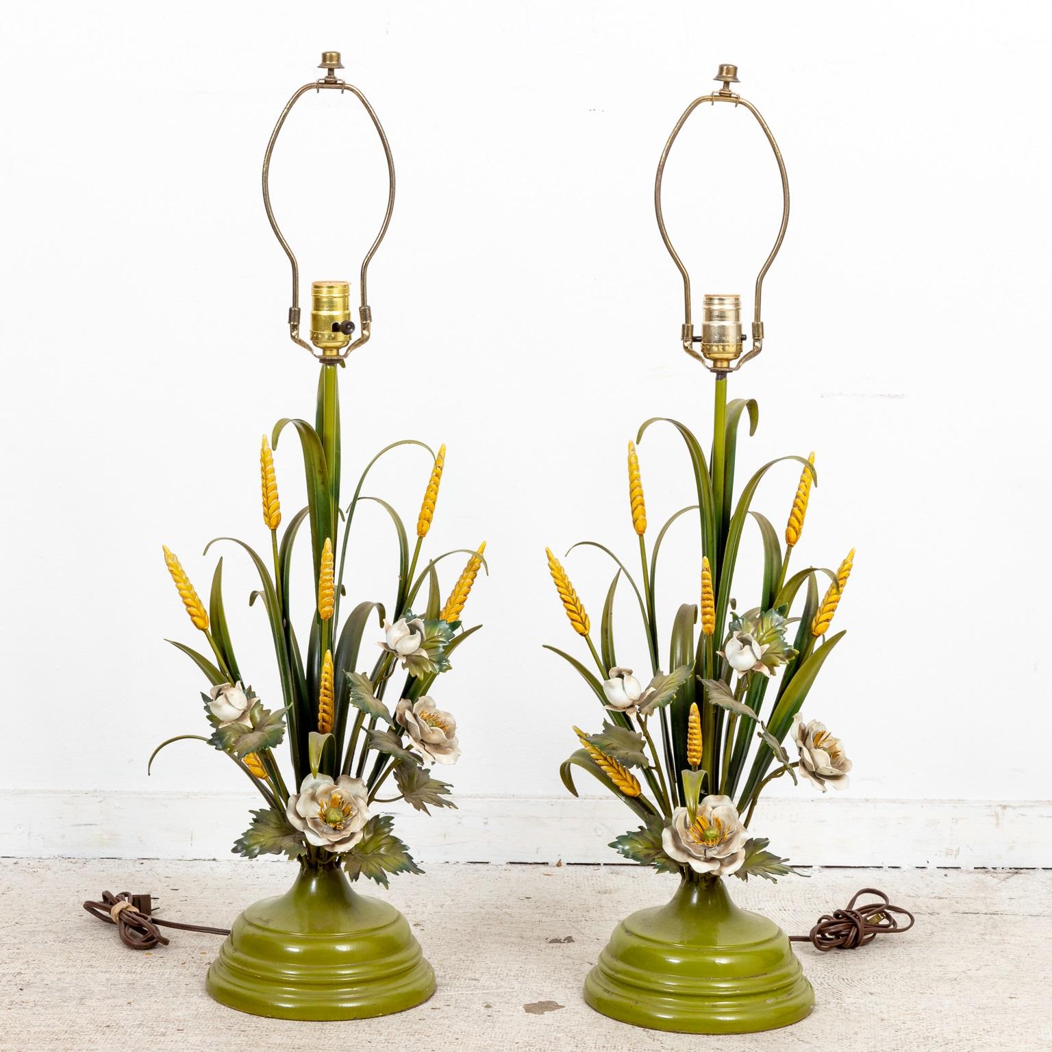Metal Pair Italian Tole Flower and Wheat Lamps