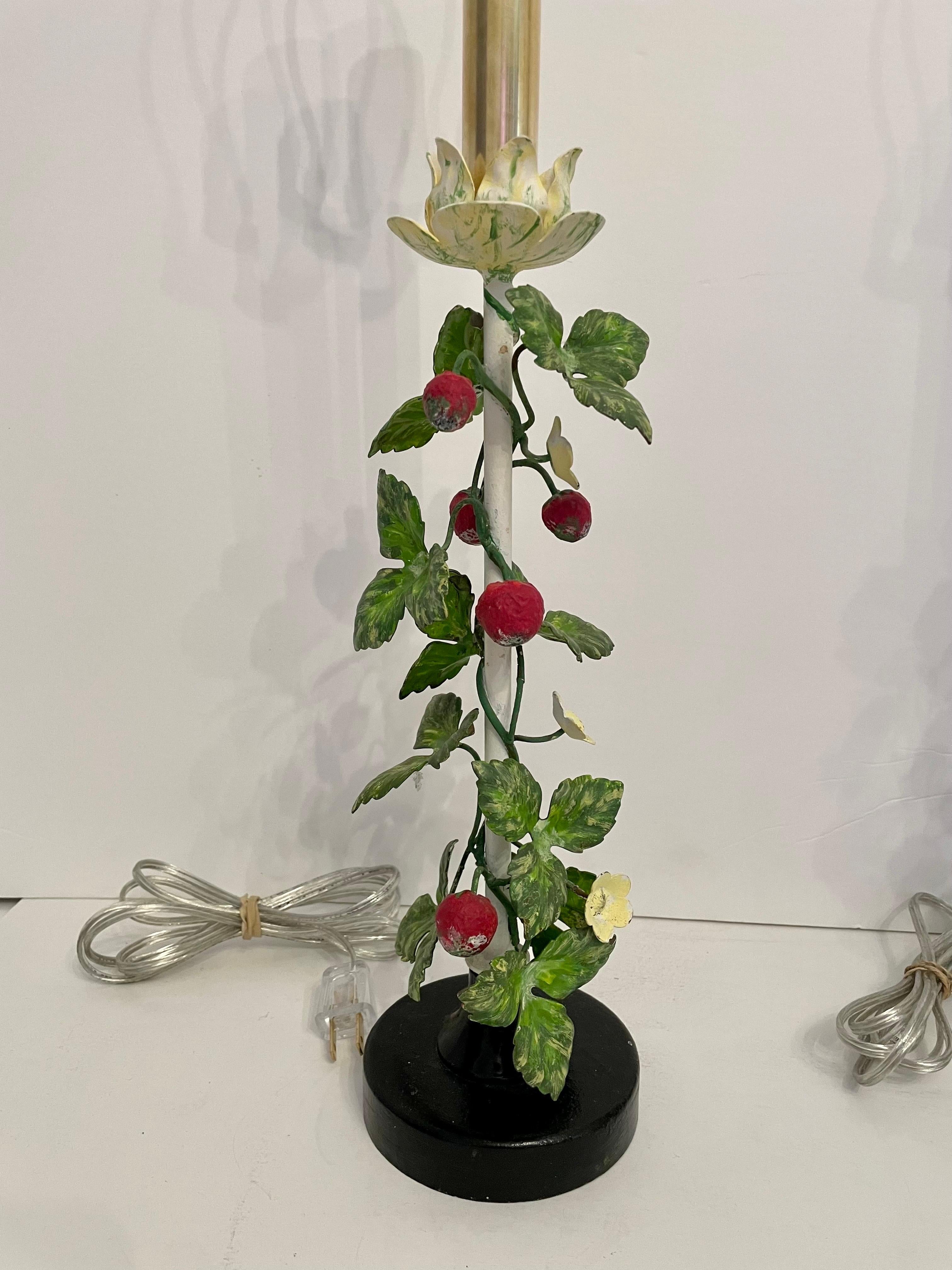 Hollywood Regency Pair Italian Tole Strawberry Lamps