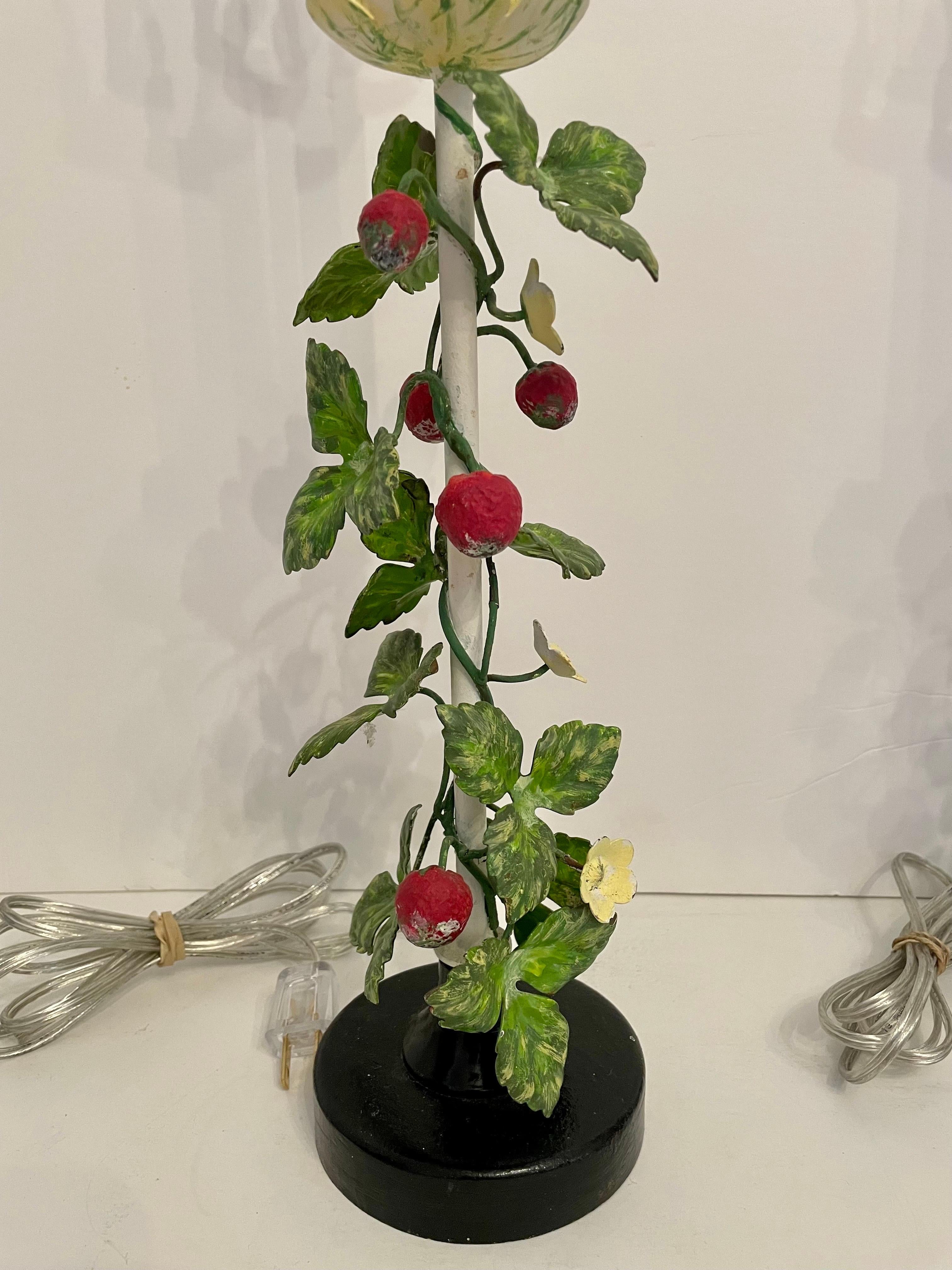 Metal Pair Italian Tole Strawberry Lamps