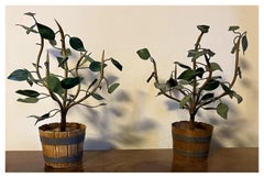 Pair Italian Tole Table Top Orange Trees in Faux Bois Tubs
