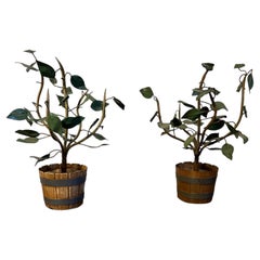 Pair Italian Tole Table Top Orange Trees in Faux Bois Tubs