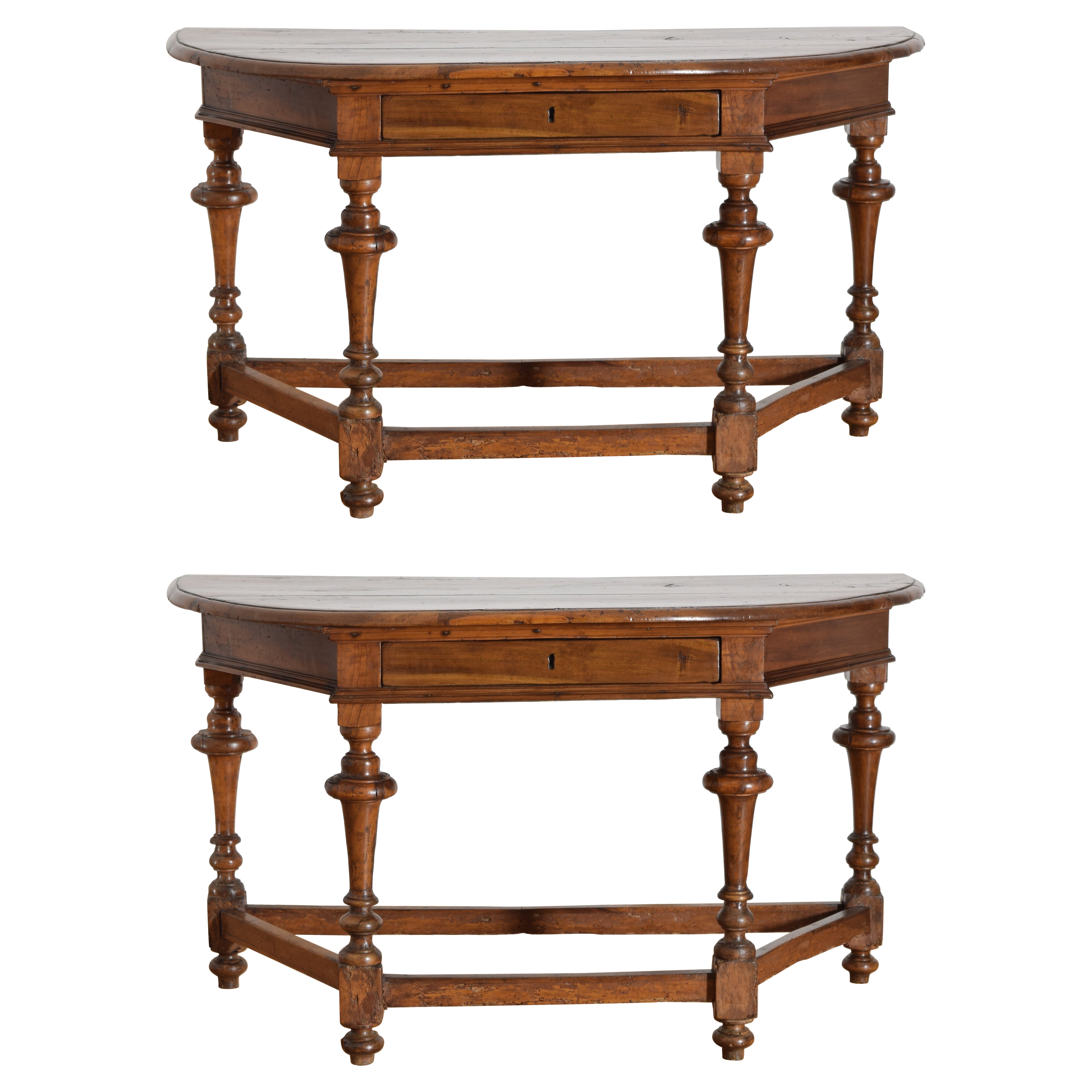Pair Italian, Toscana, LXIV Period Turned Walnut 1-Drawer Console Tables, c.1720