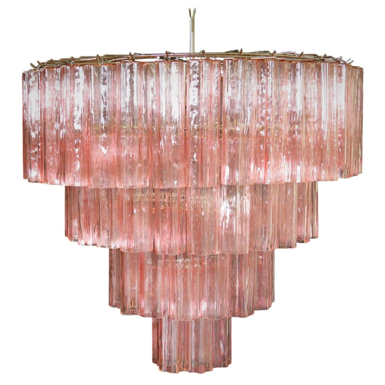 Pair Italian Tronchi Chandeliers, 78 Pink Glasses, Murano, 1990 For Sale 7