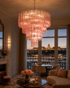 Pair Italian Tronchi Chandeliers, 78 Pink Glasses, Murano, 1990