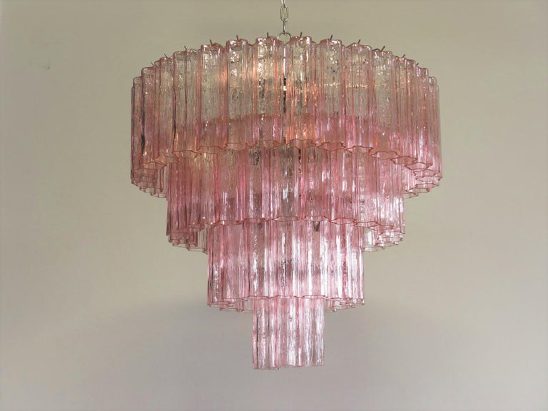 20th Century Pair Italian Tronchi Chandeliers, 78 Pink Glasses, Murano, 1990 For Sale