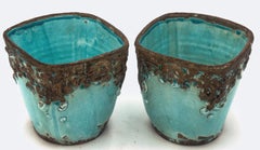 Pair Italian Turquoise Crackle Glaze Cachepots by Arte Italica