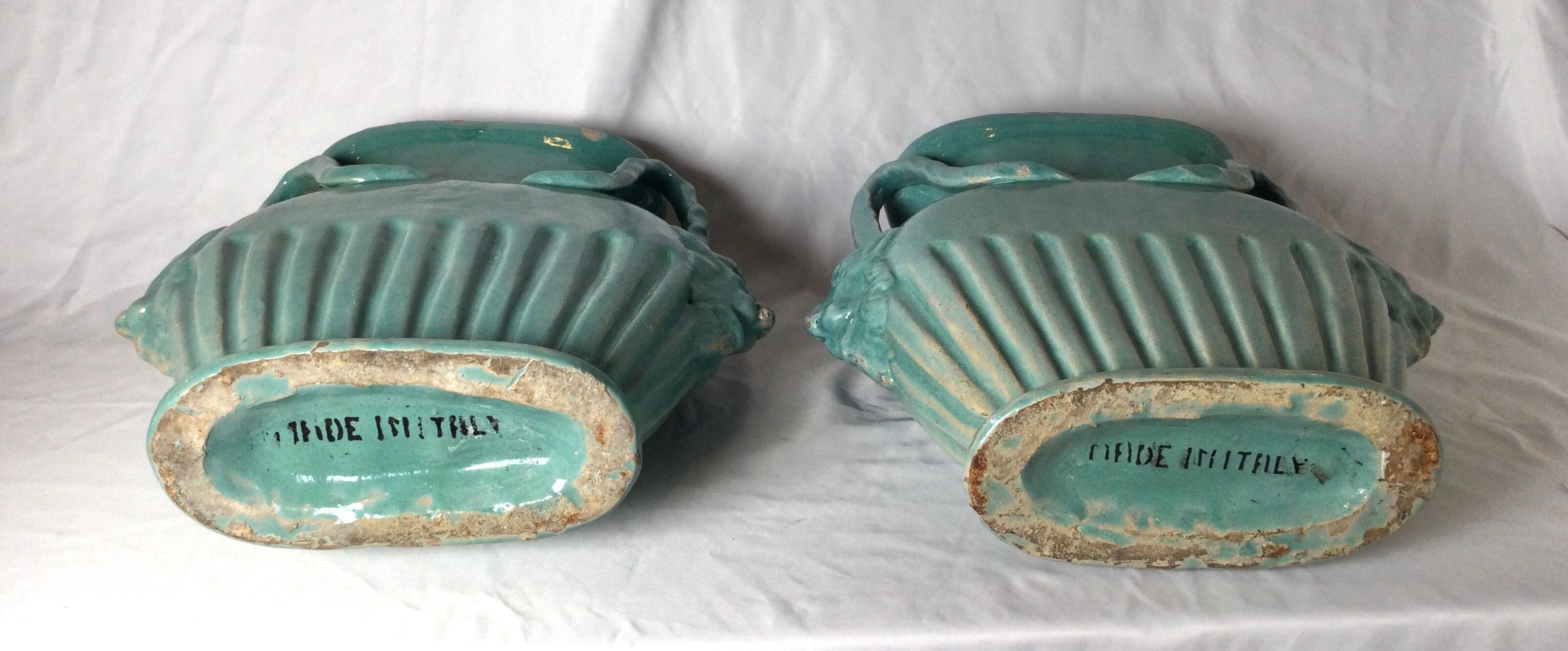 Pair of Italian Turquoise Pottery Vases with Mythical Handles 6