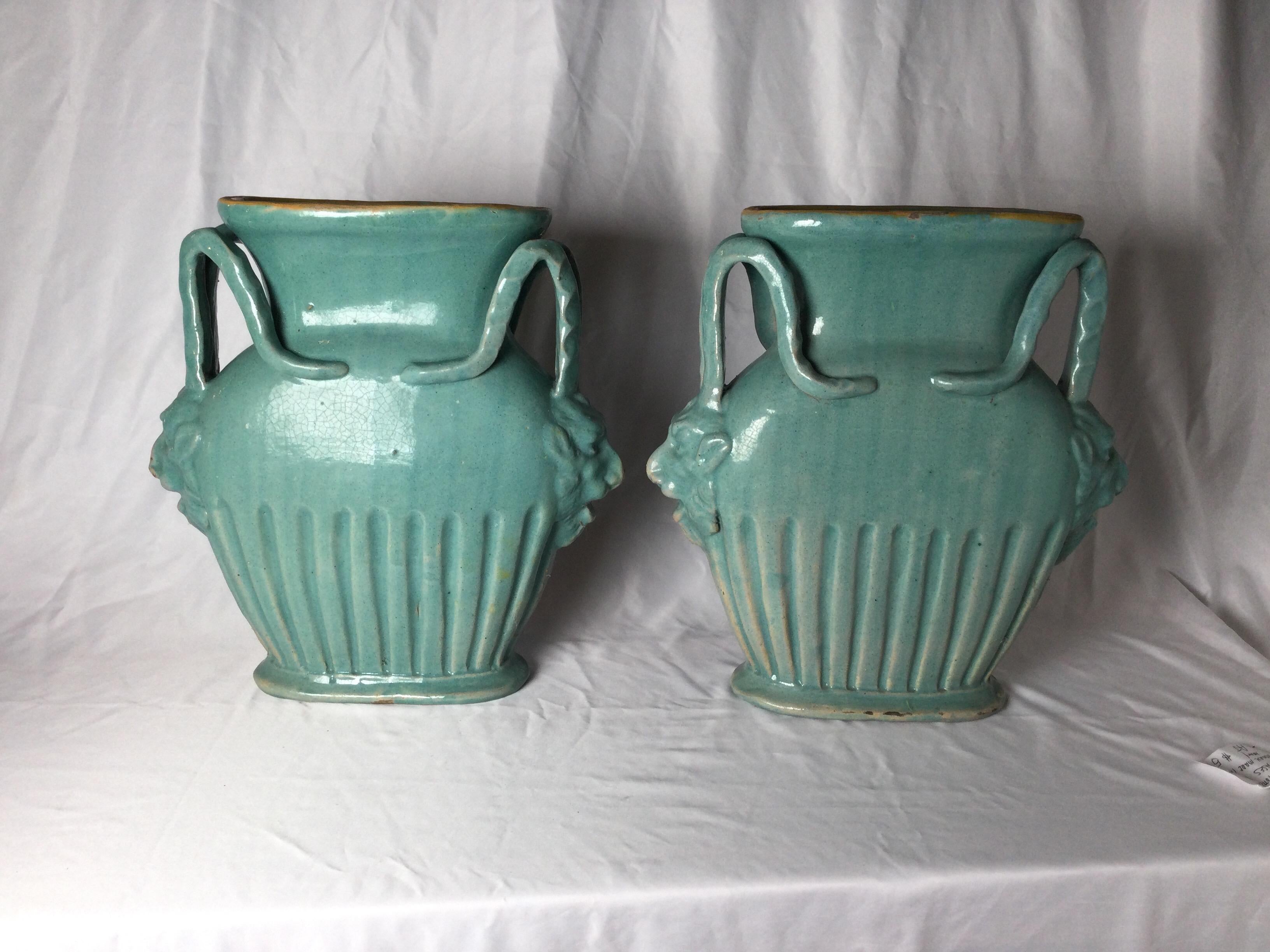 Pair of Italian Turquoise Pottery Vases with Mythical Handles In Good Condition In Lambertville, NJ