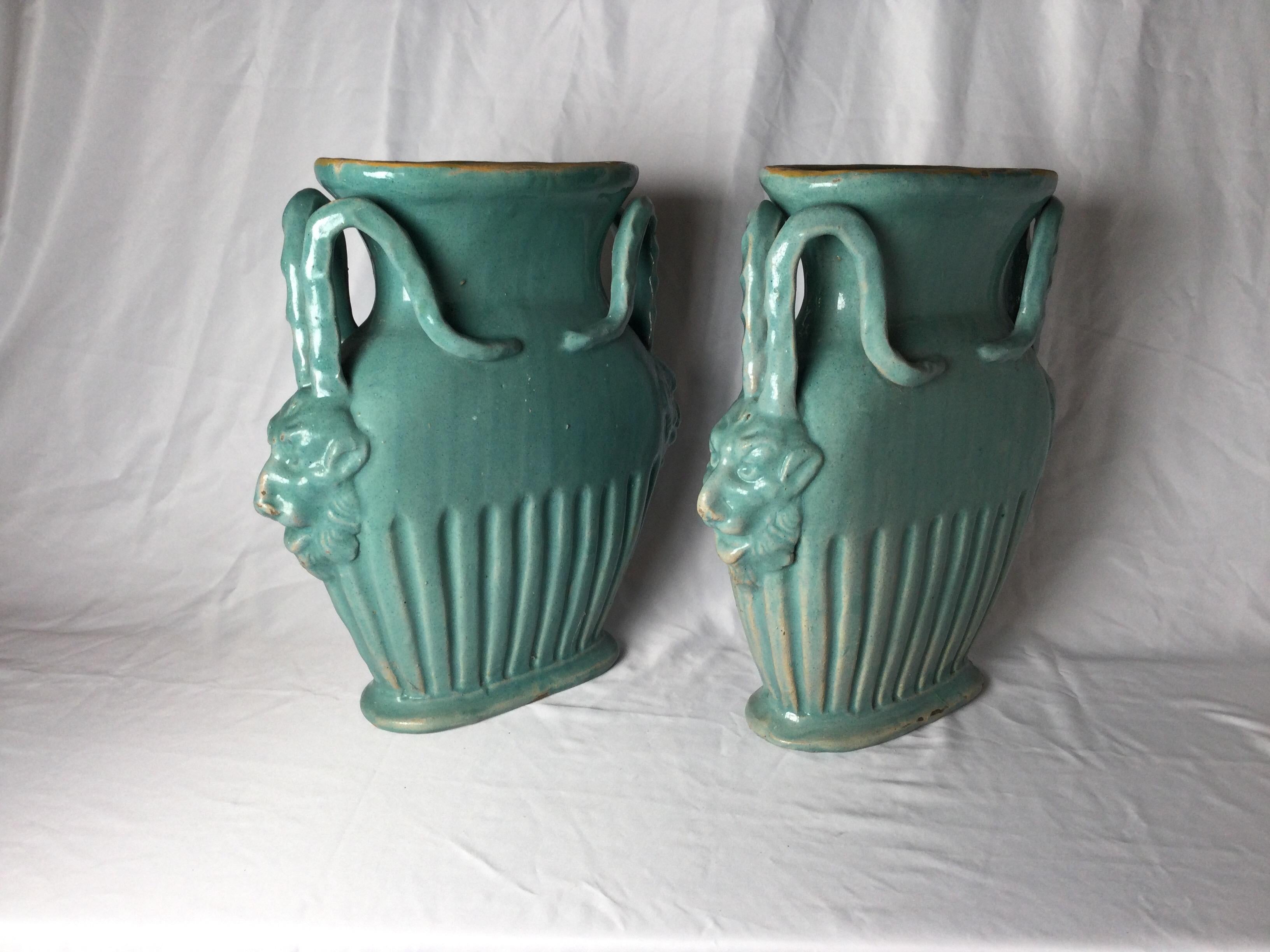 20th Century Pair of Italian Turquoise Pottery Vases with Mythical Handles