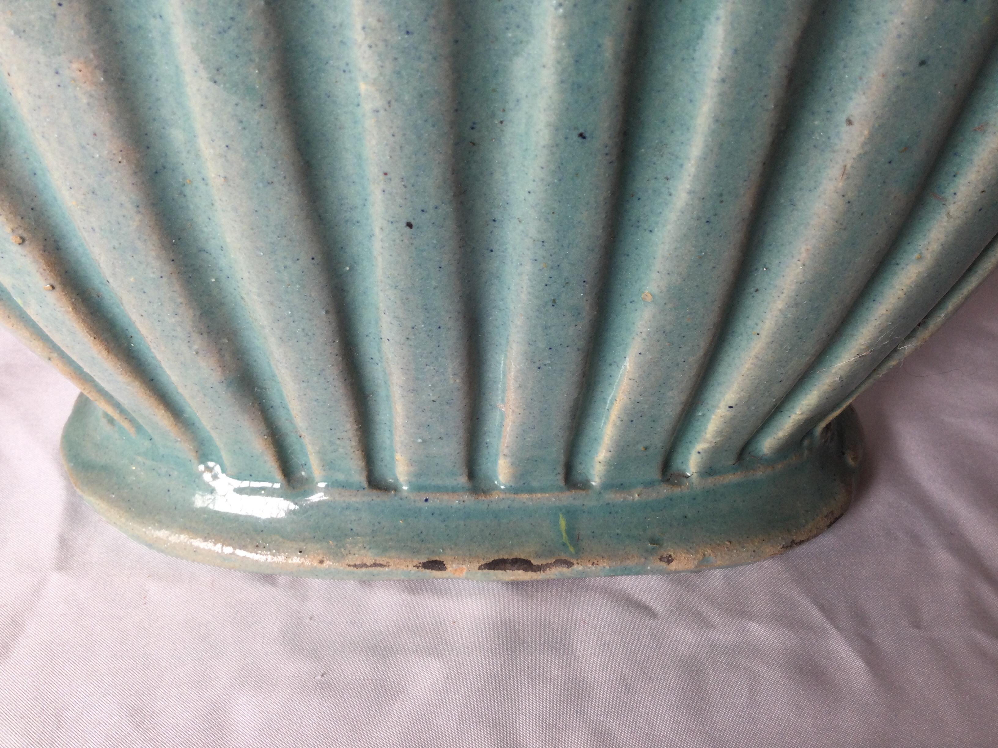 Pair of Italian Turquoise Pottery Vases with Mythical Handles 1