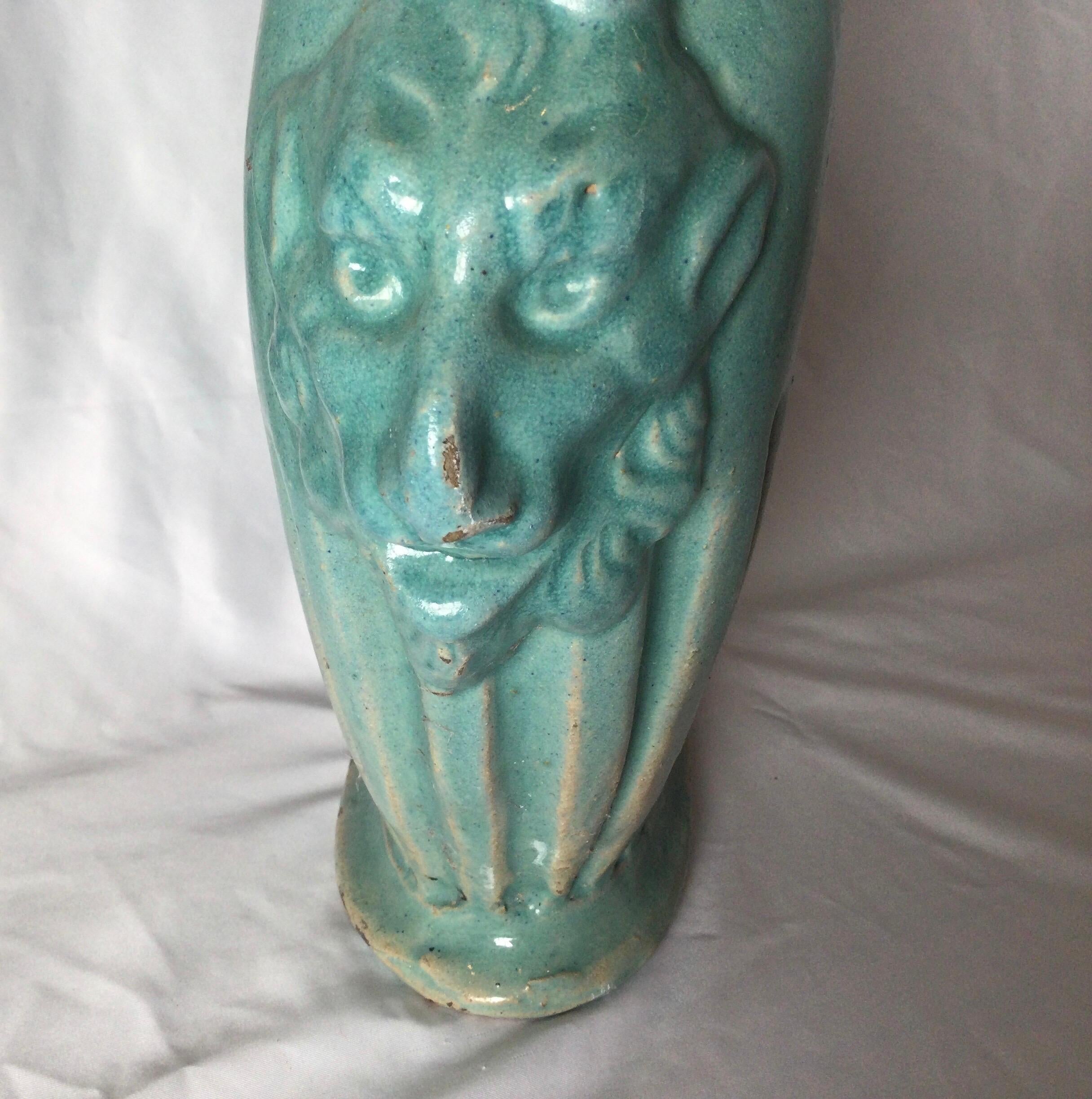 Pair of Italian Turquoise Pottery Vases with Mythical Handles 2
