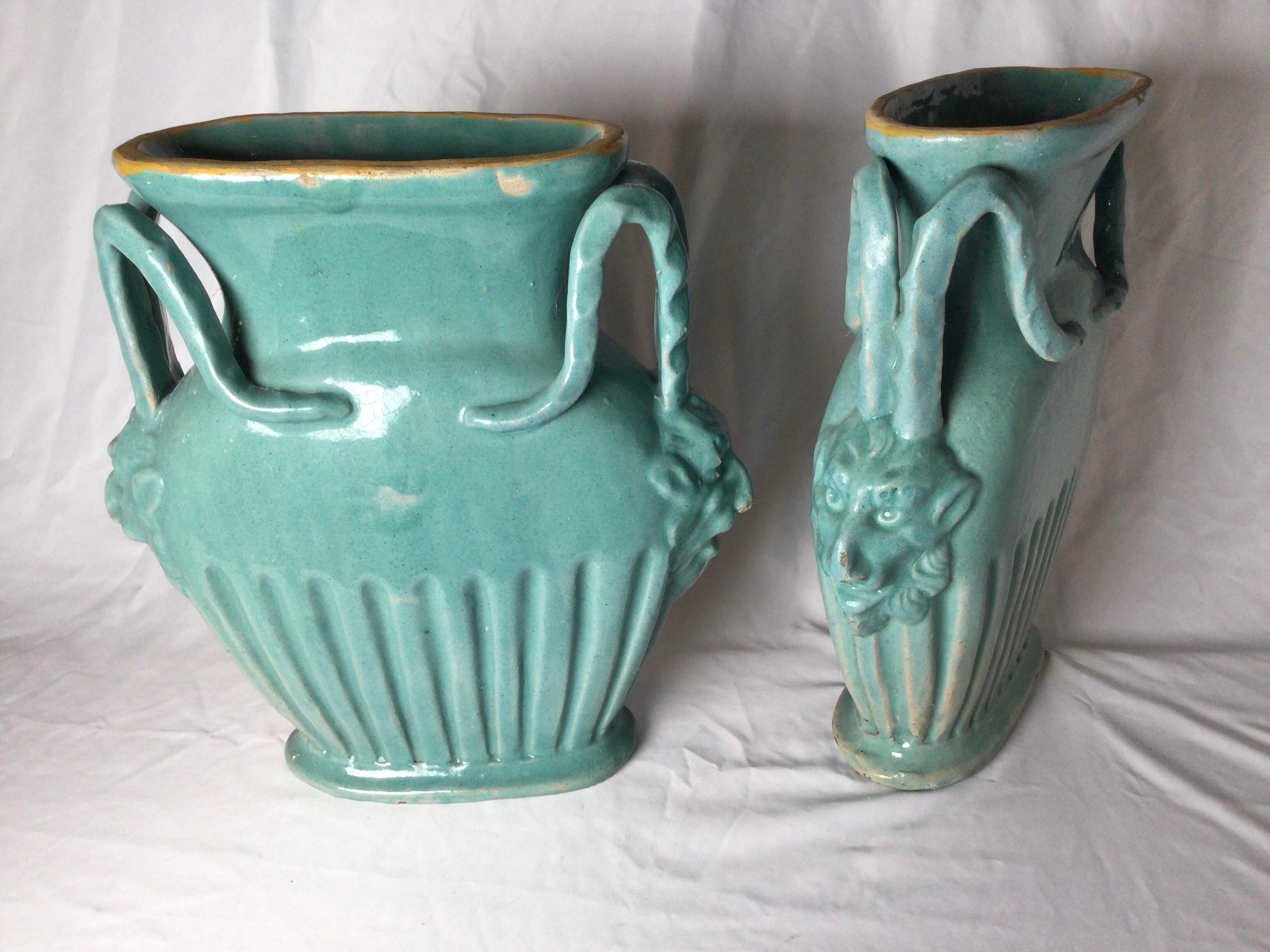 Pair of Italian Turquoise Pottery Vases with Mythical Handles 3