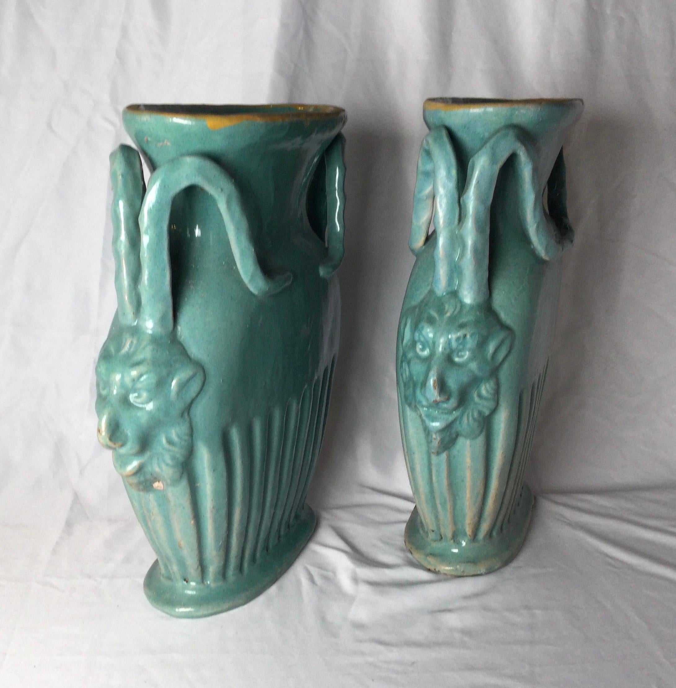 Pair of Italian Turquoise Pottery Vases with Mythical Handles 4