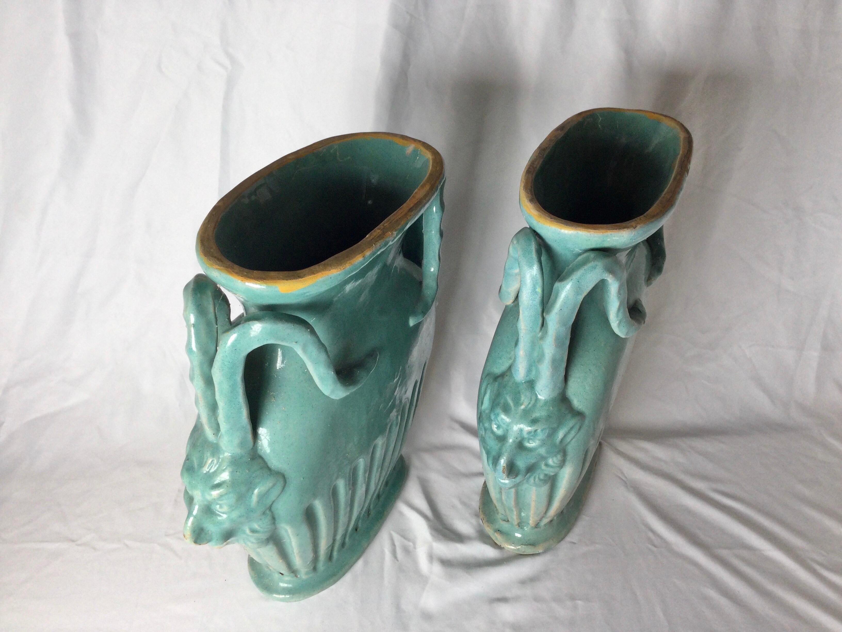 Pair of Italian Turquoise Pottery Vases with Mythical Handles 5