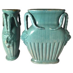 Pair of Italian Turquoise Pottery Vases with Mythical Handles