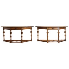 Pair of Italian, Tuscan, Poplar Wood 1-Drawer Demilune Console Tables