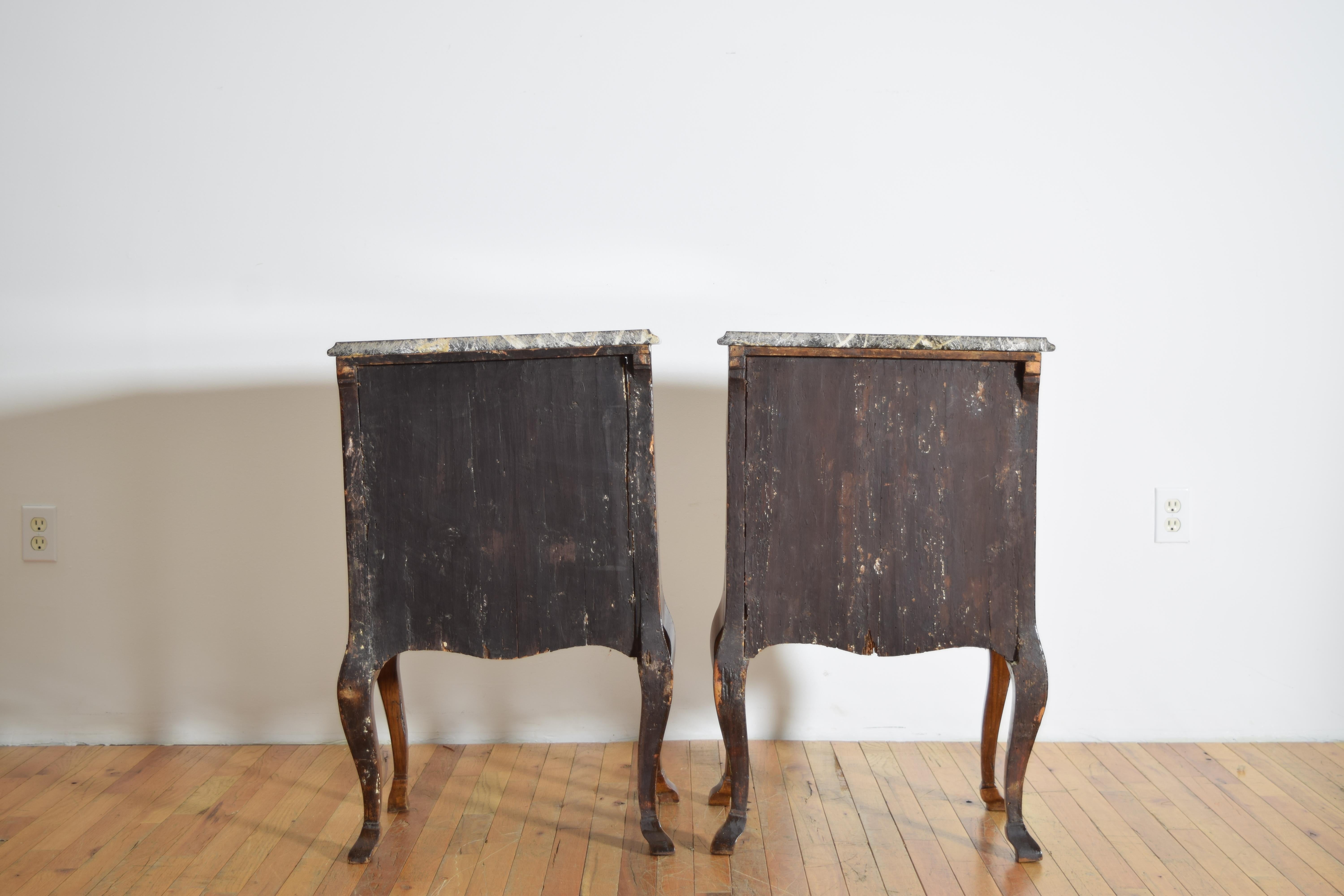 Pair Italian, Tuscany, Rococo Walnut Veneer & Portoro Marble Bedside Commodes For Sale 7