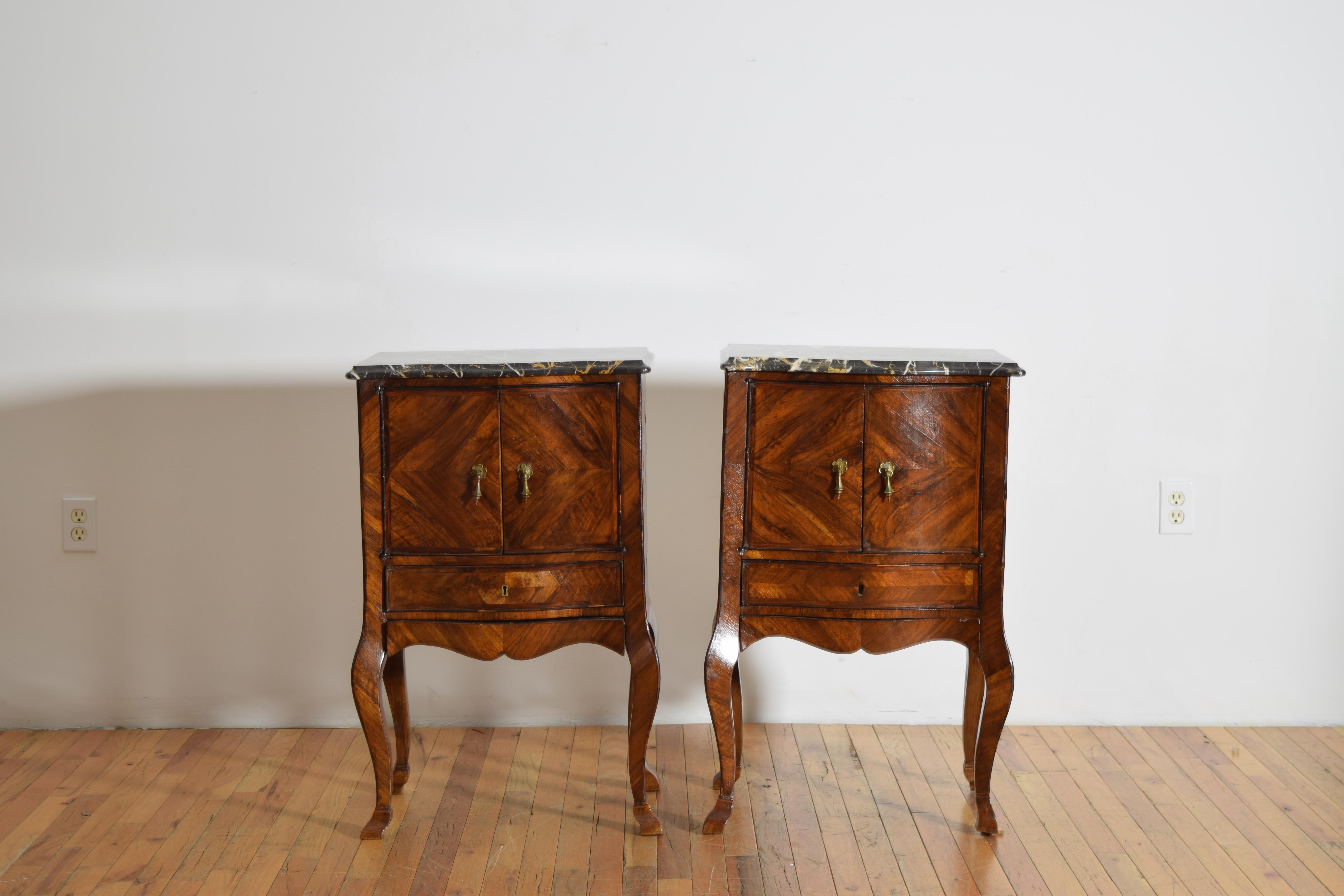 18th Century Pair Italian, Tuscany, Rococo Walnut Veneer & Portoro Marble Bedside Commodes For Sale