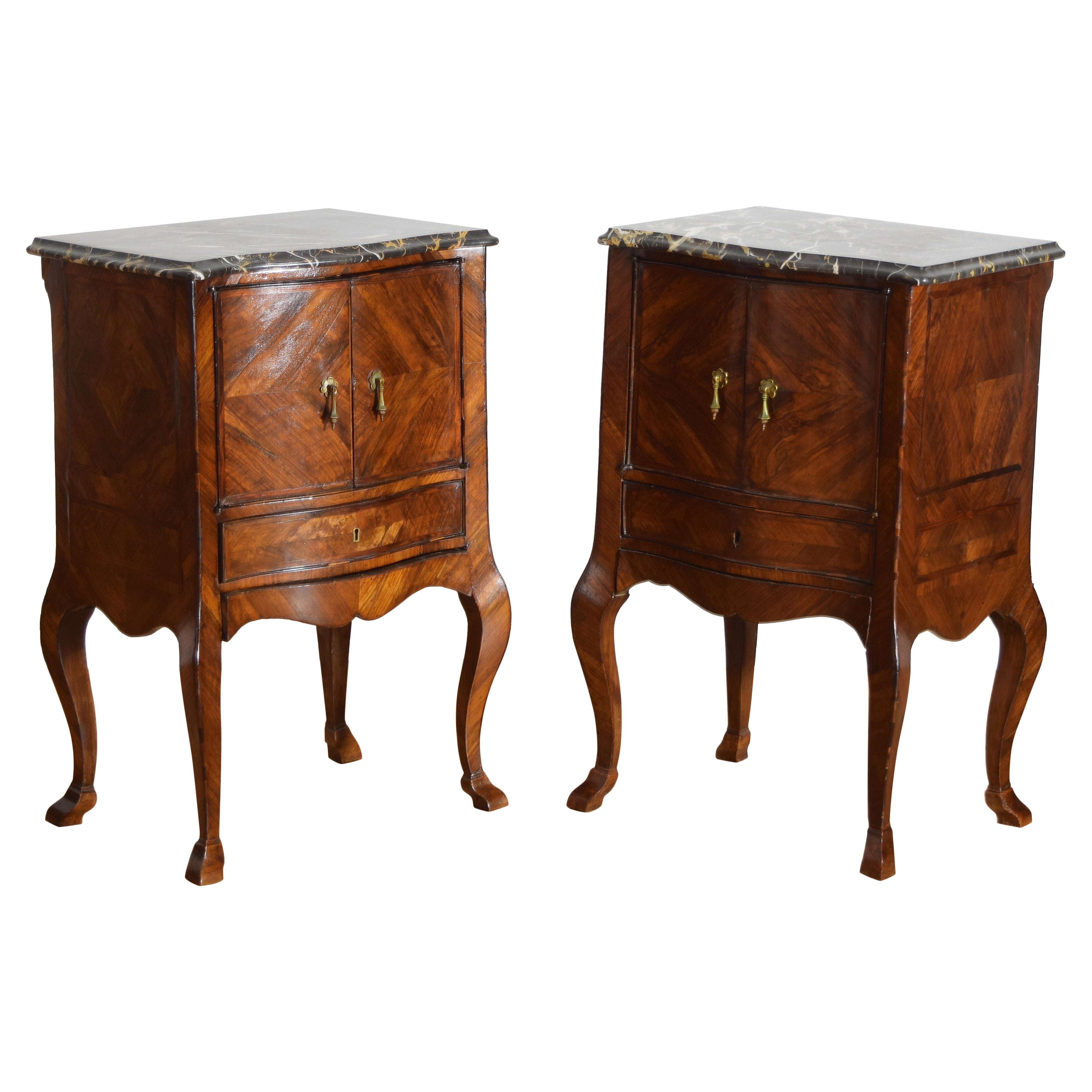 Pair Italian, Tuscany, Rococo Walnut Veneer & Portoro Marble Bedside Commodes For Sale