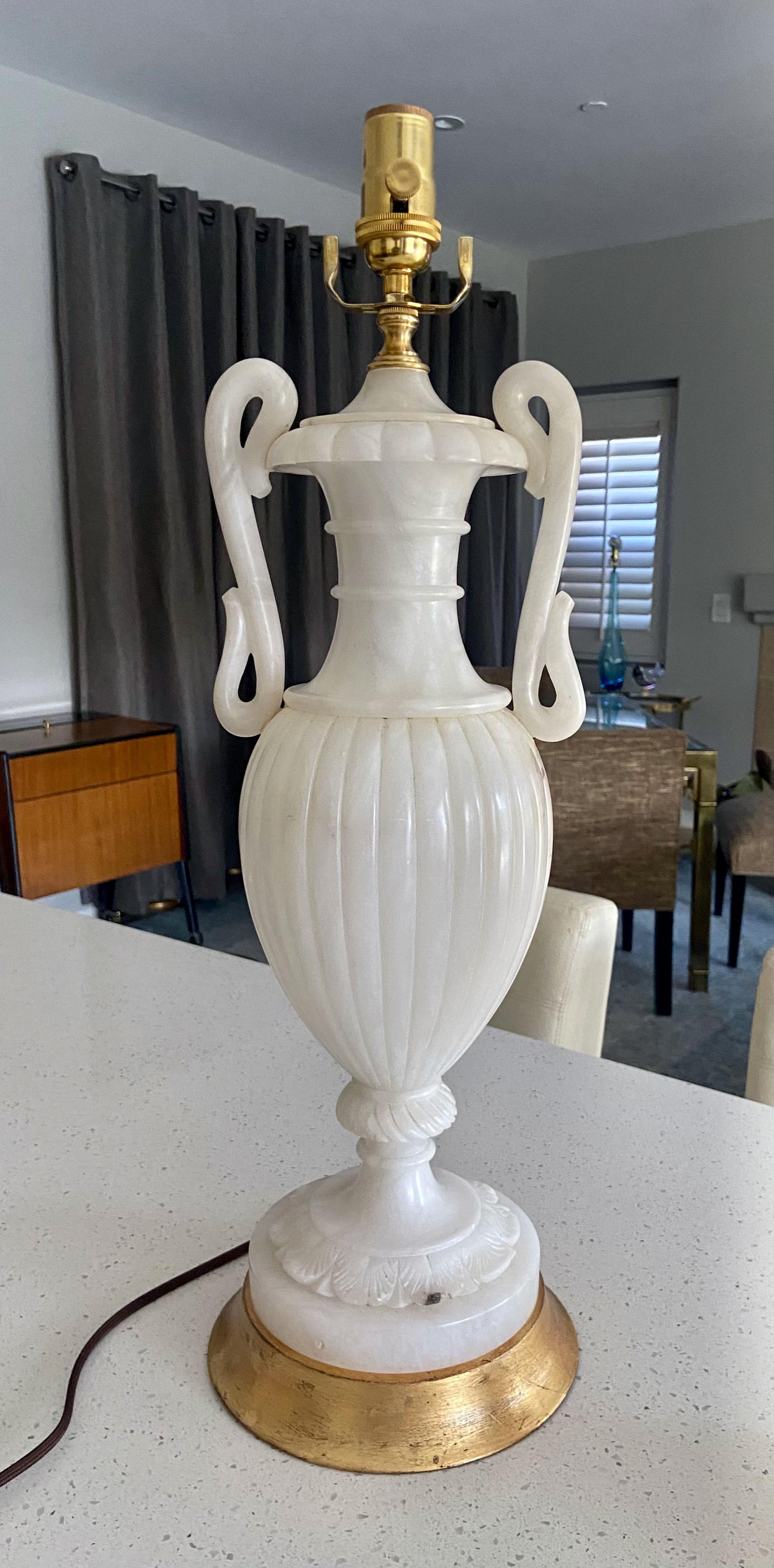 Pair Italian Urn & Handles Neoclassic Alabaster Table Lamps For Sale 4