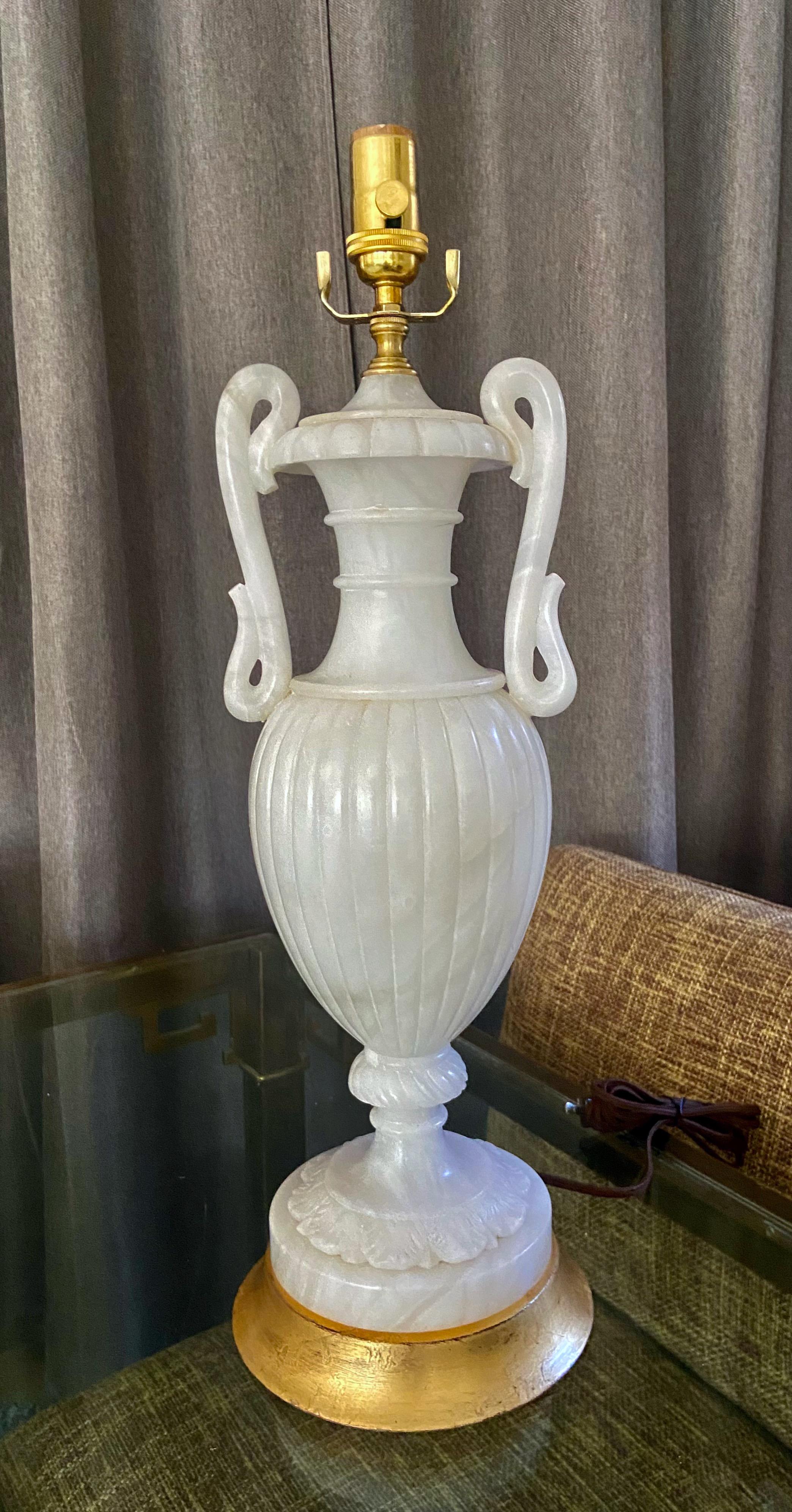 Pair Italian Urn & Handles Neoclassic Alabaster Table Lamps For Sale 5