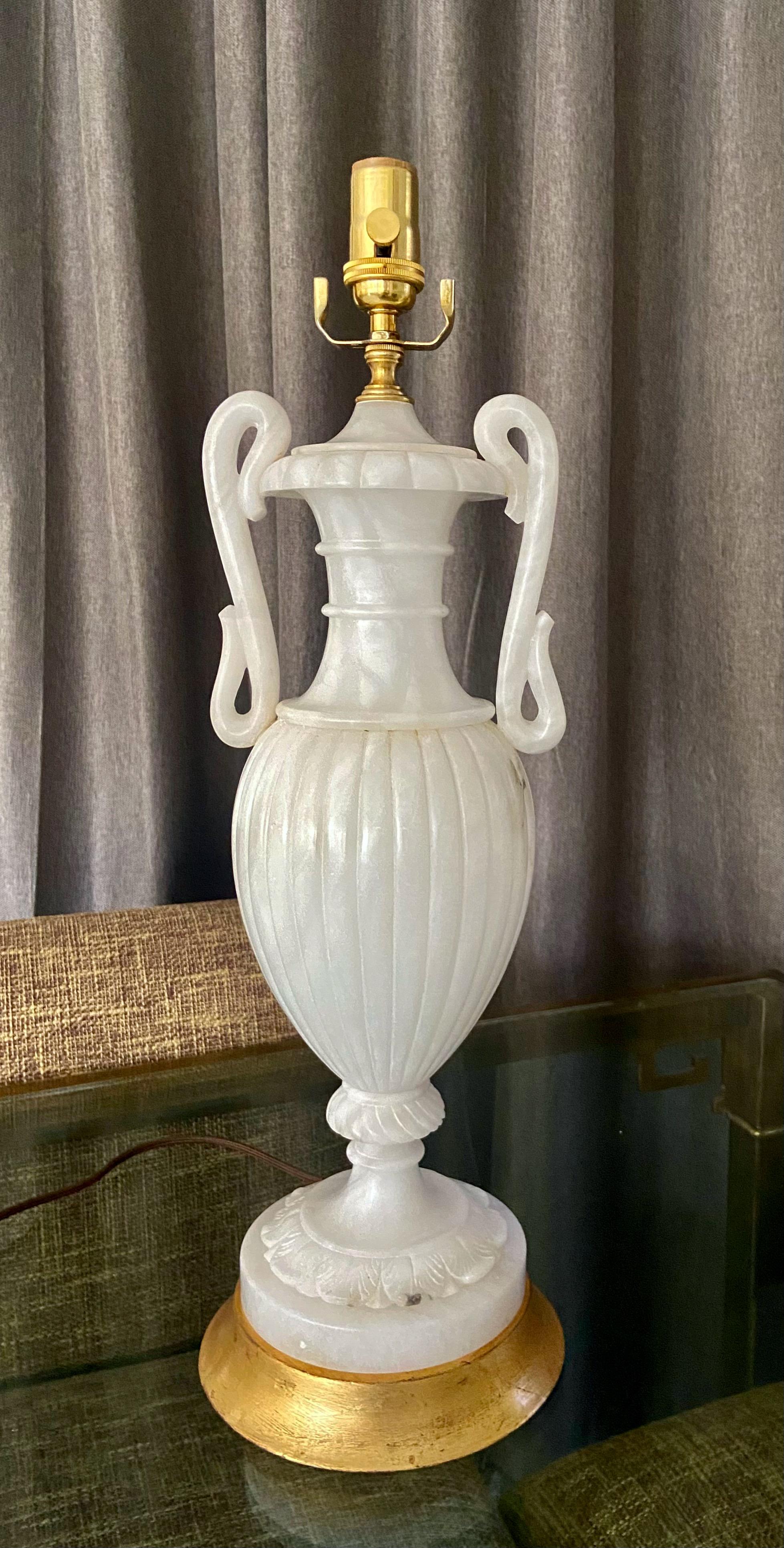 Pair Italian Urn & Handles Neoclassic Alabaster Table Lamps For Sale 11