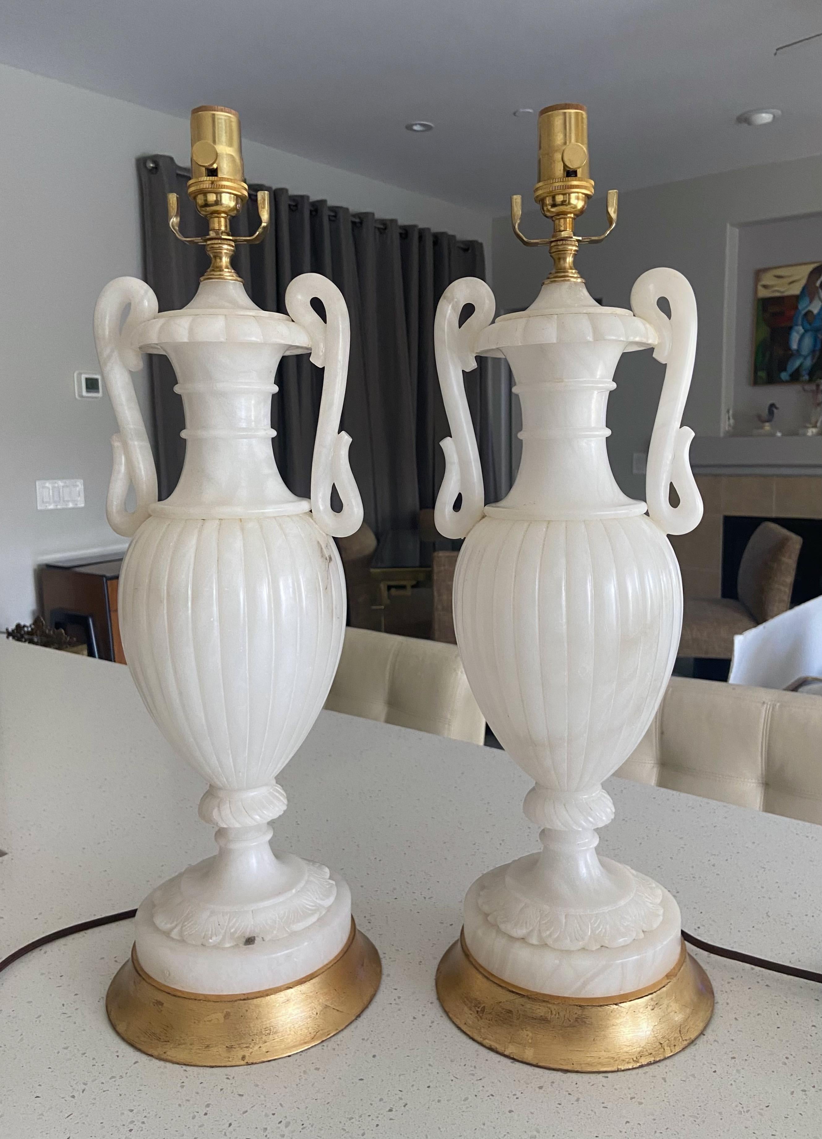 Pair Italian Urn & Handles Neoclassic Alabaster Table Lamps For Sale 13