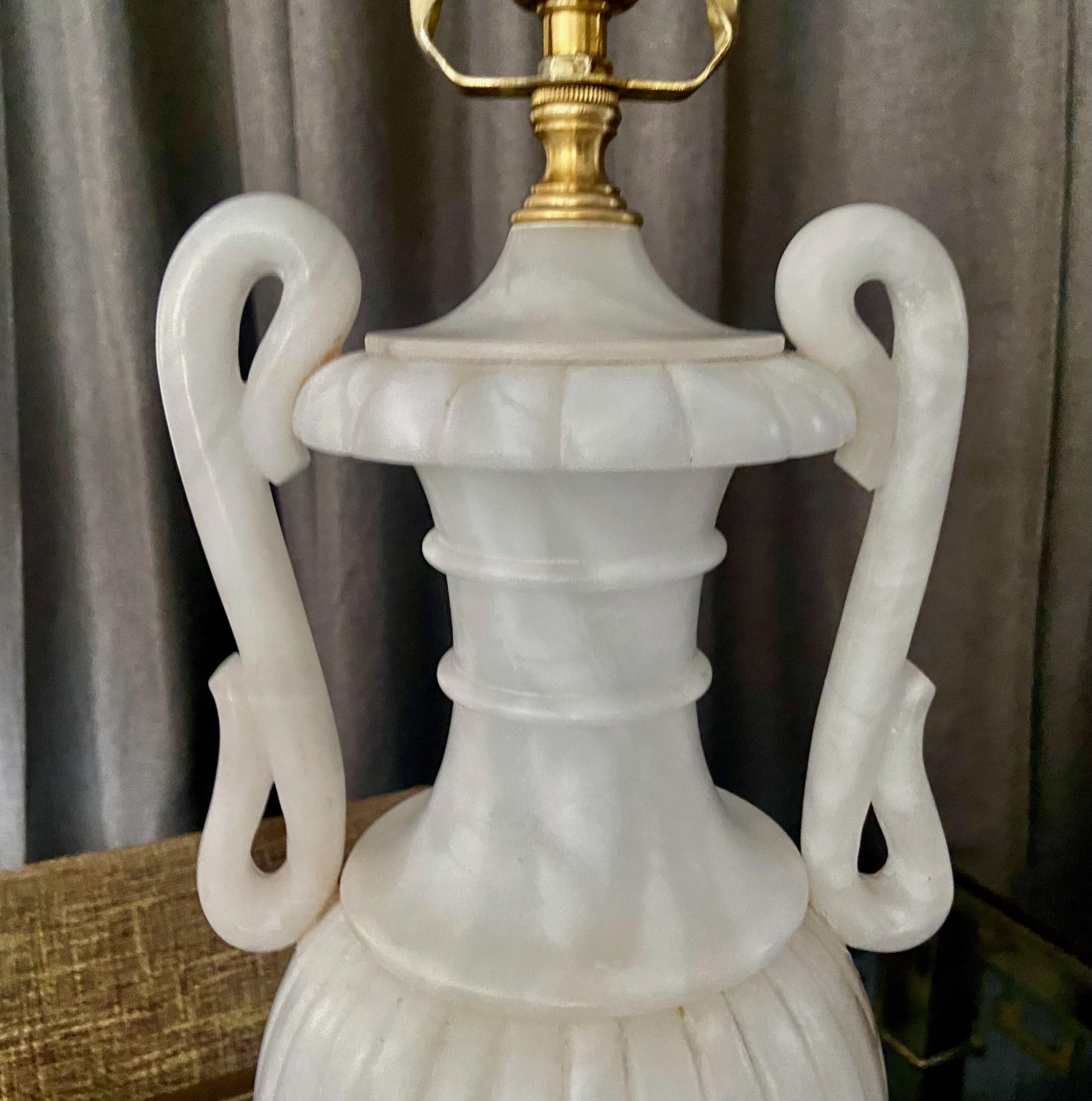 Pair Italian Urn & Handles Neoclassic Alabaster Table Lamps For Sale 14