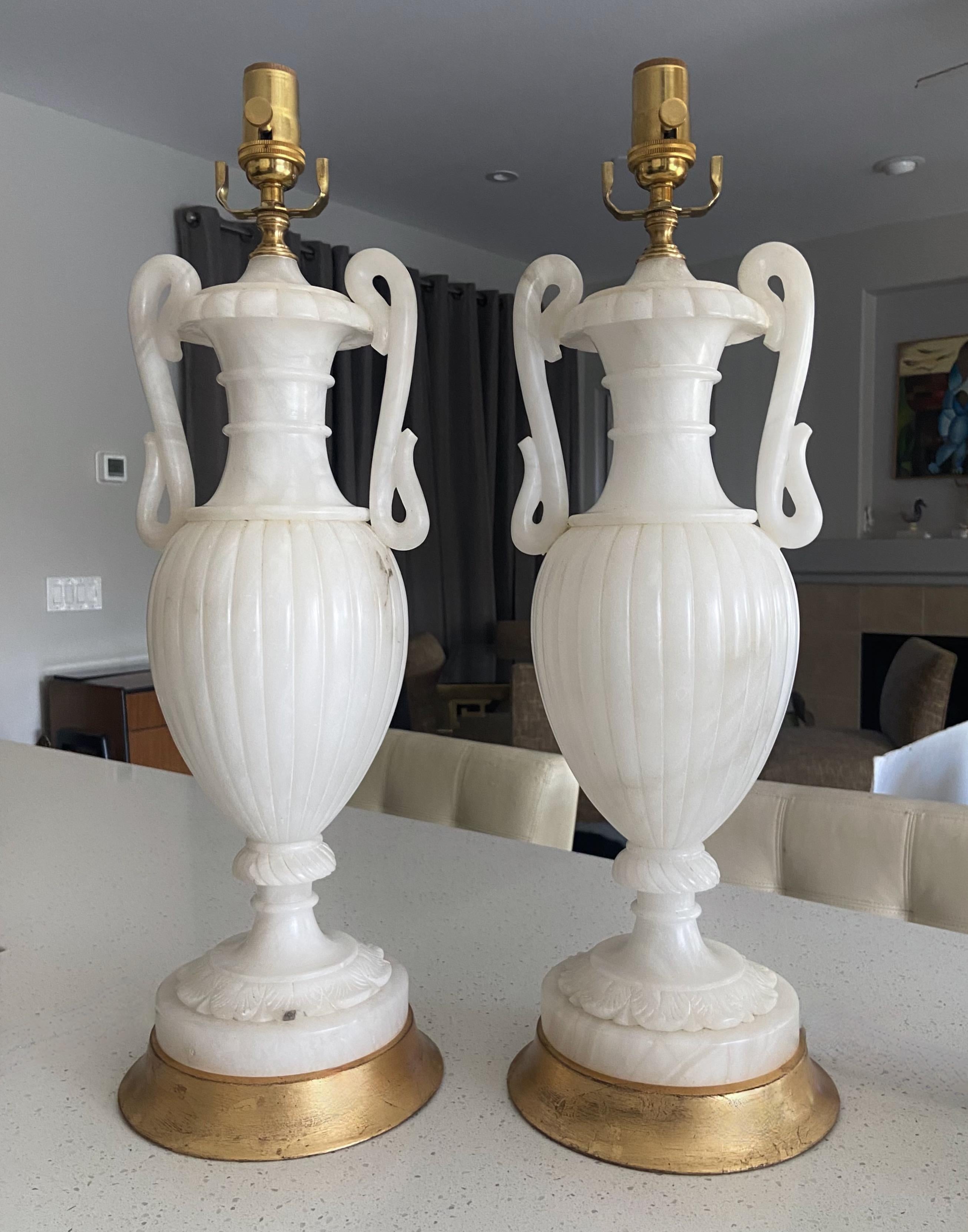 Classical Greek Pair Italian Urn & Handles Neoclassic Alabaster Table Lamps For Sale