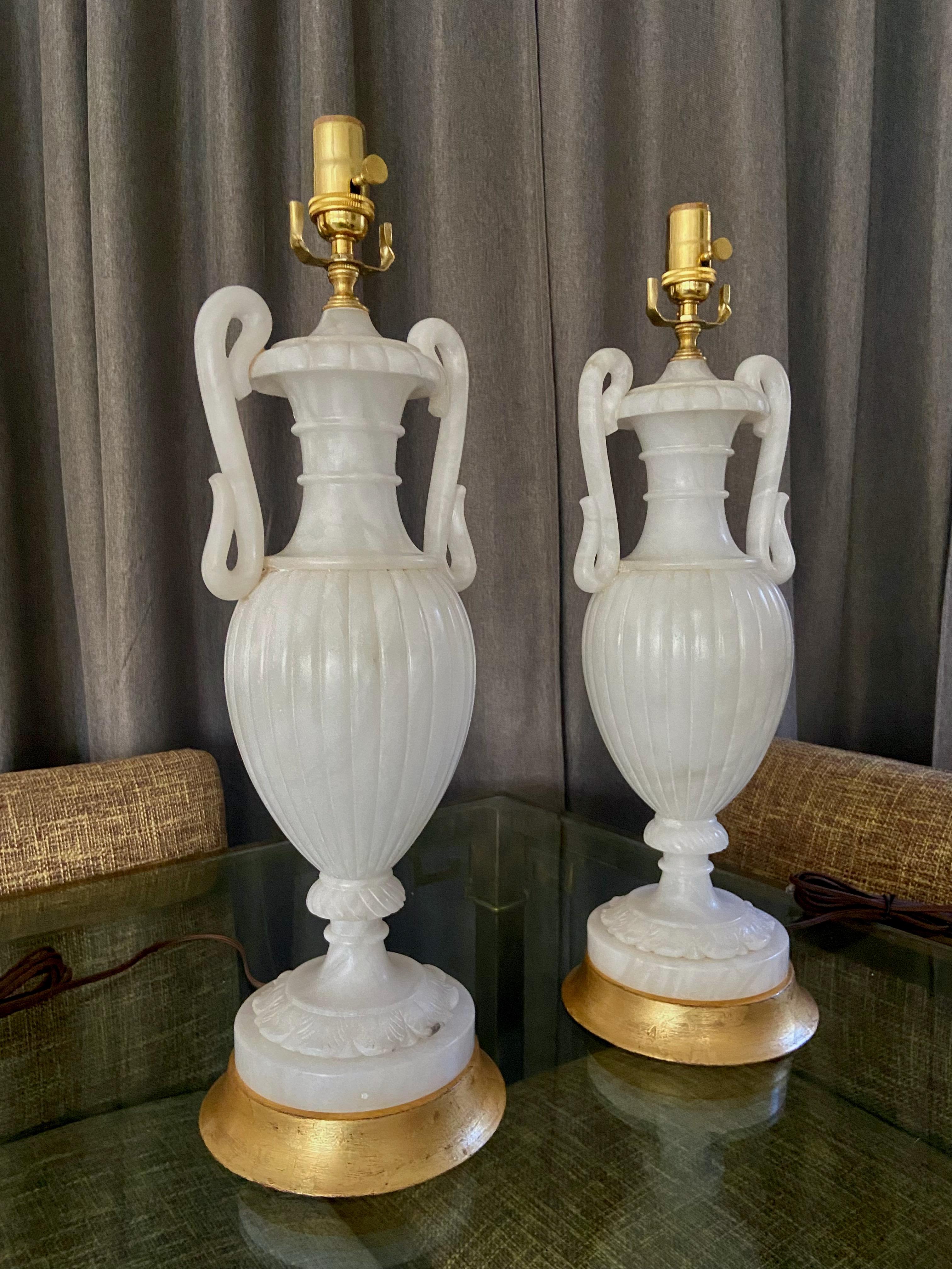 Pair Italian Urn & Handles Neoclassic Alabaster Table Lamps In Good Condition For Sale In Palm Springs, CA