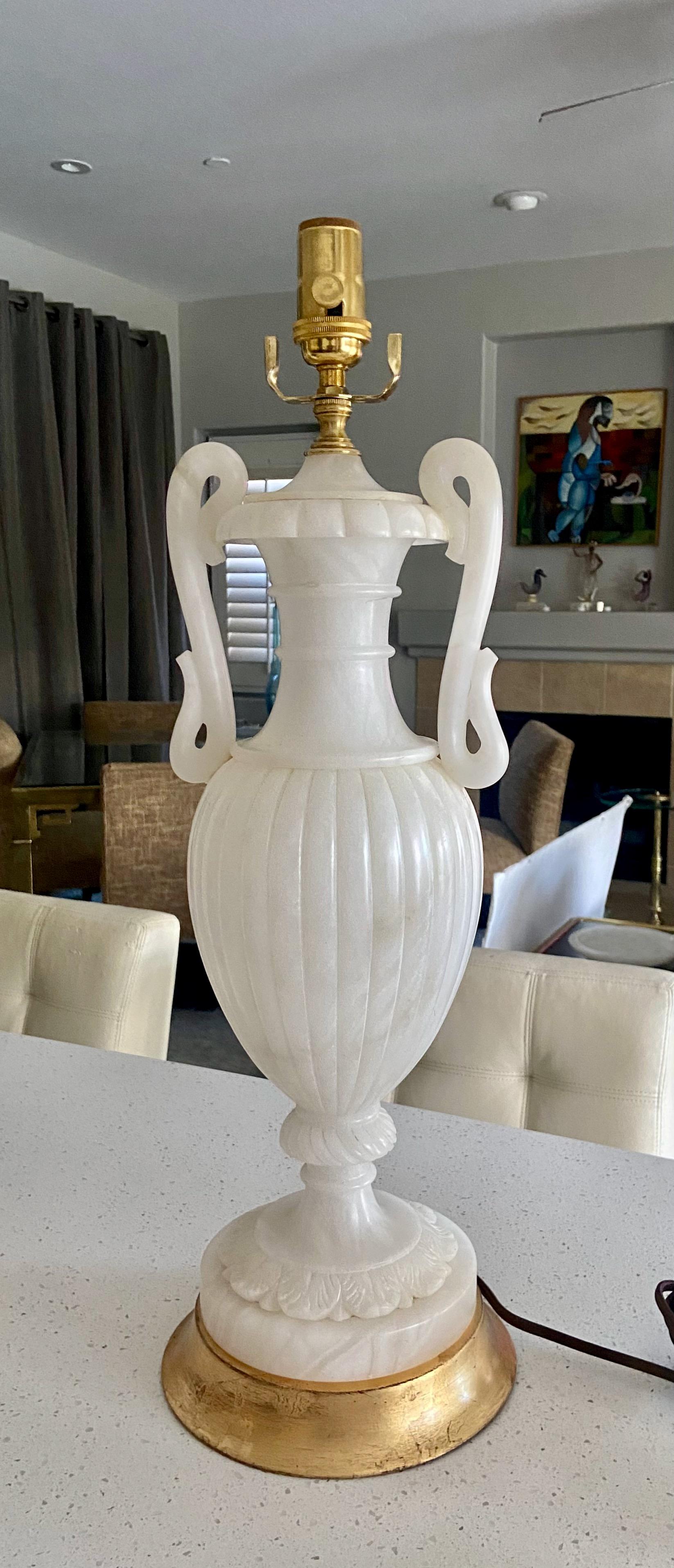 Mid-20th Century Pair Italian Urn & Handles Neoclassic Alabaster Table Lamps For Sale