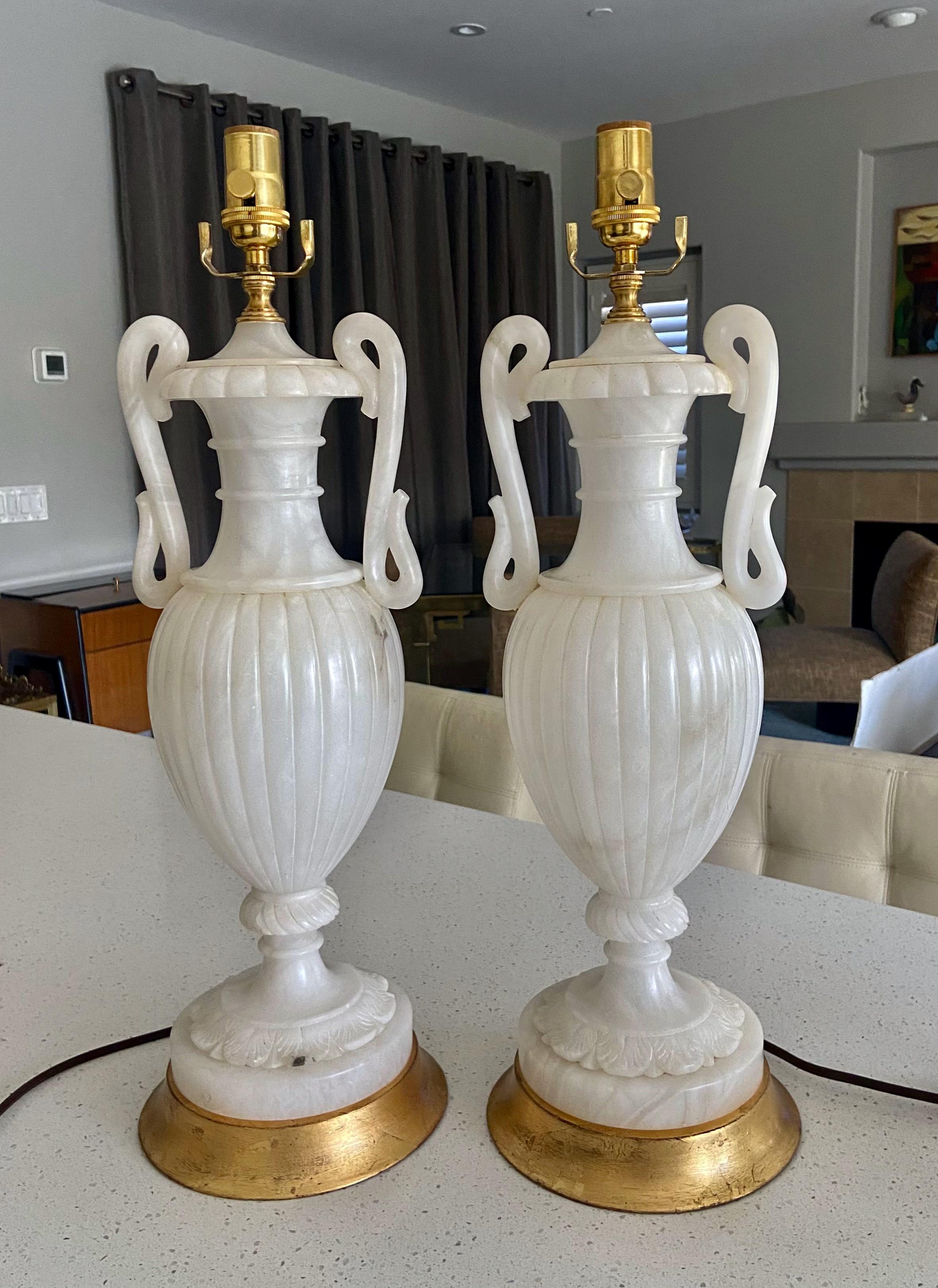 Brass Pair Italian Urn & Handles Neoclassic Alabaster Table Lamps For Sale