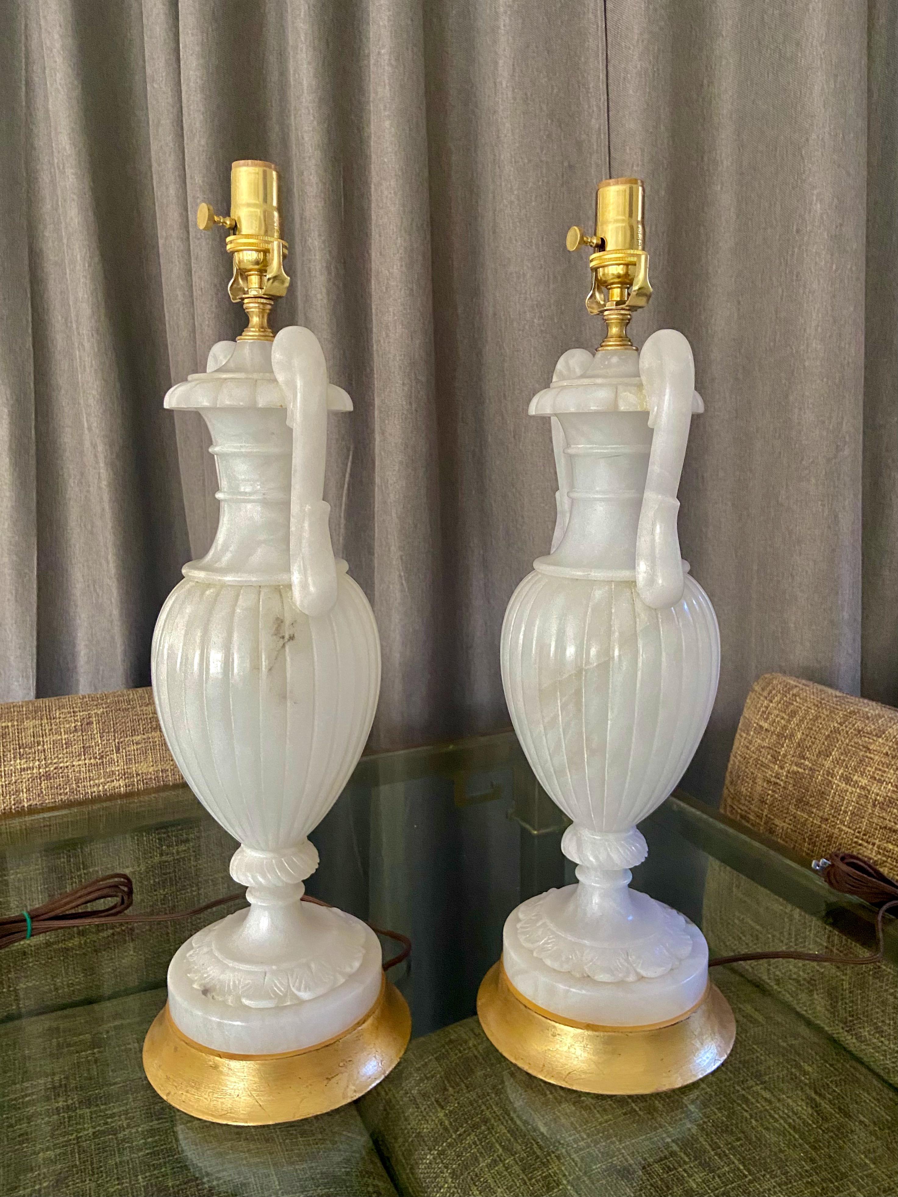 Pair Italian Urn & Handles Neoclassic Alabaster Table Lamps For Sale 1