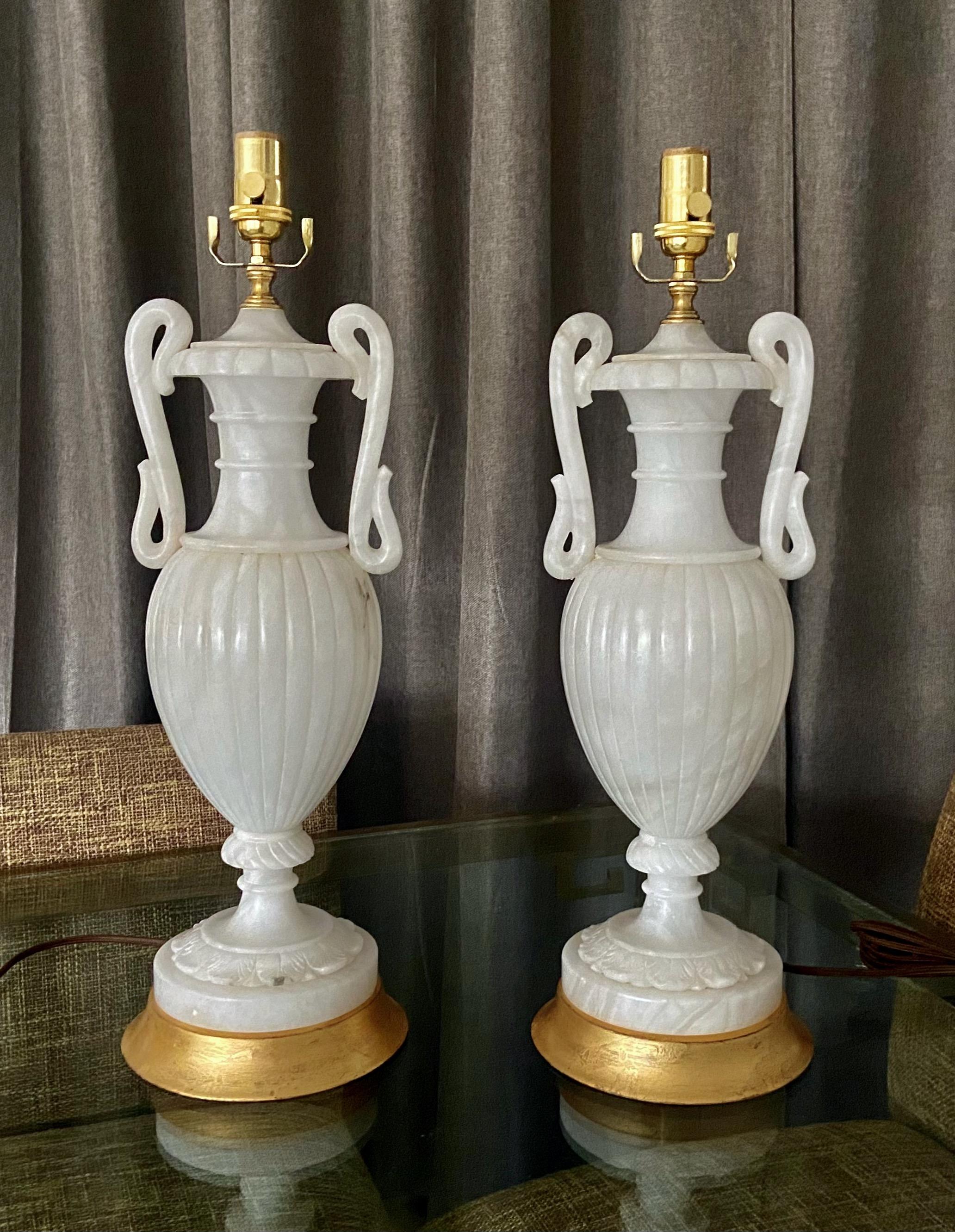 Pair Italian Urn & Handles Neoclassic Alabaster Table Lamps For Sale 2