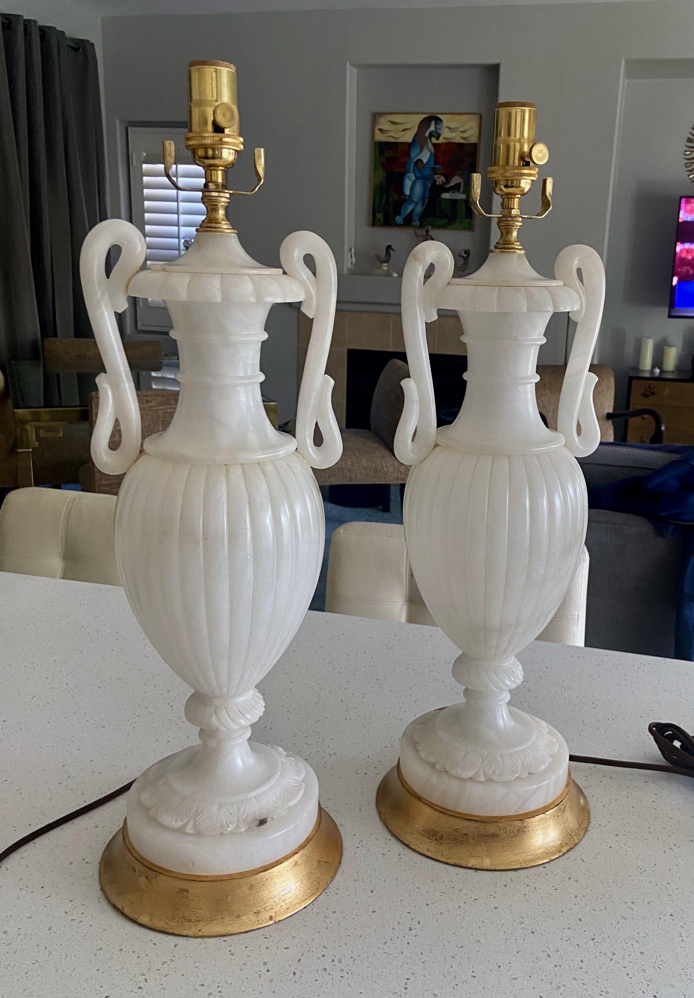 Pair Italian Urn & Handles Neoclassic Alabaster Table Lamps For Sale 3