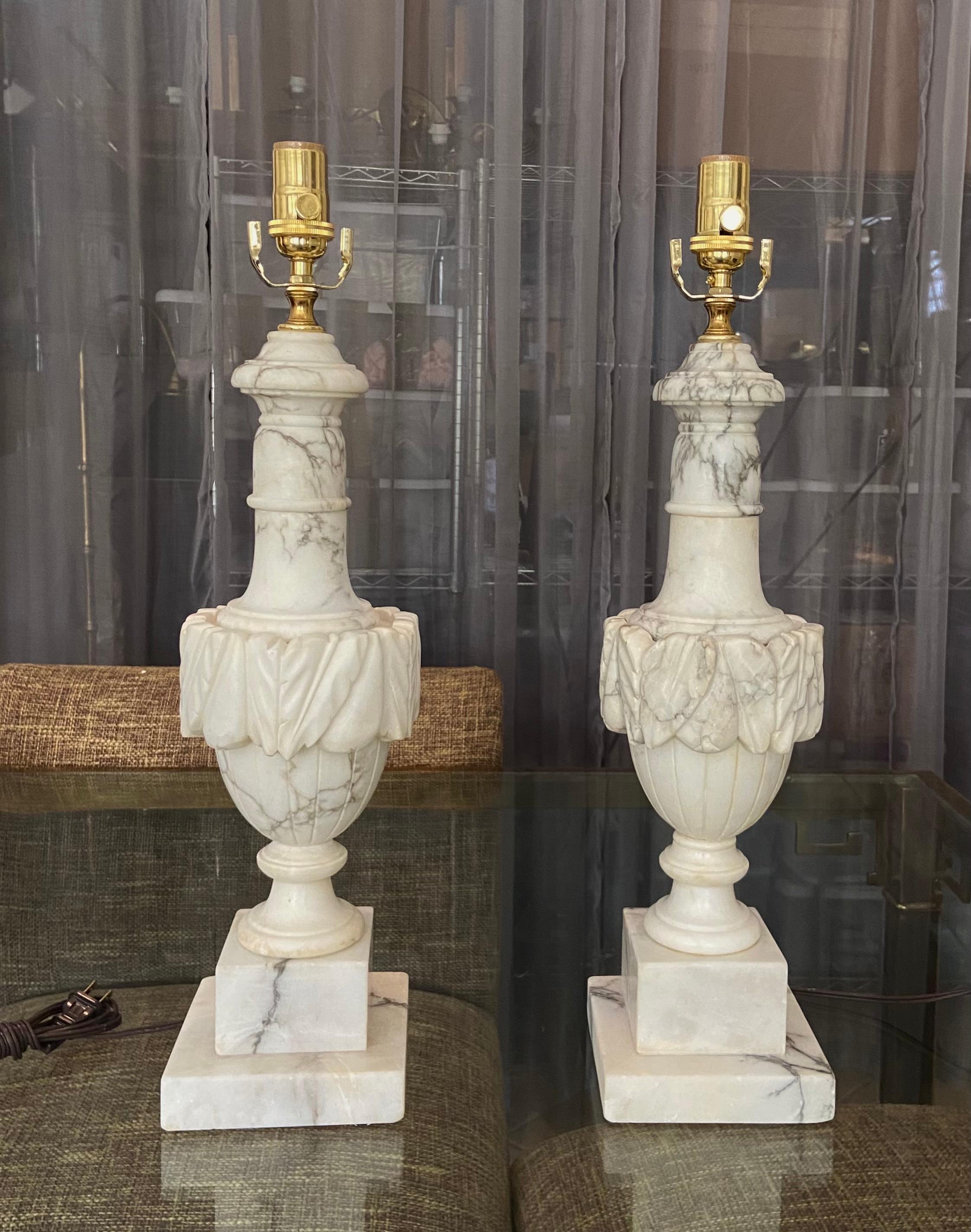 Pair Italian Urn Neoclassic Alabaster Table Lamps 13