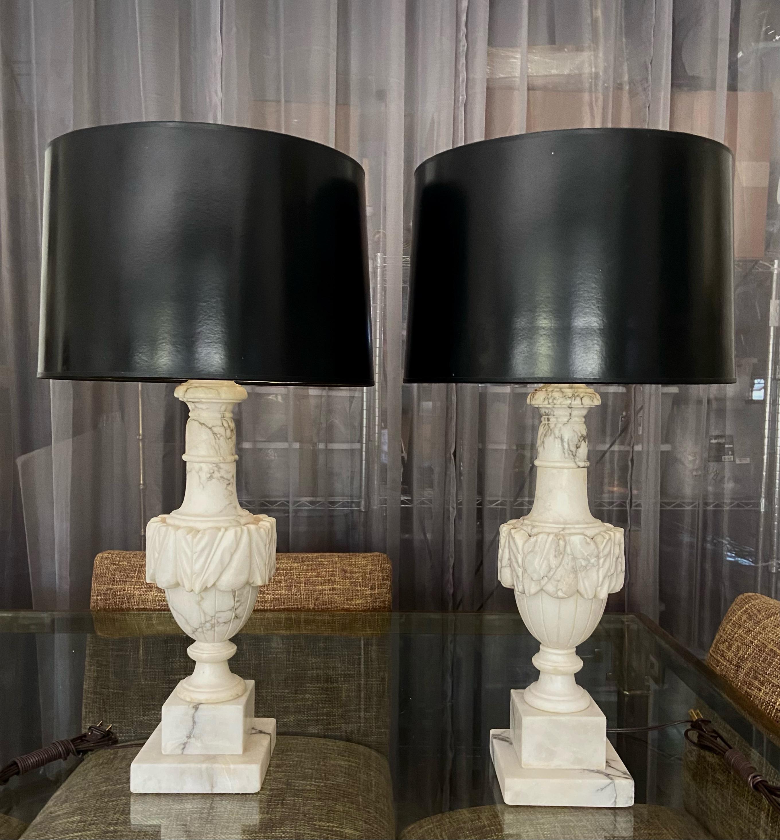 Pair Italian Urn Neoclassic Alabaster Table Lamps 14