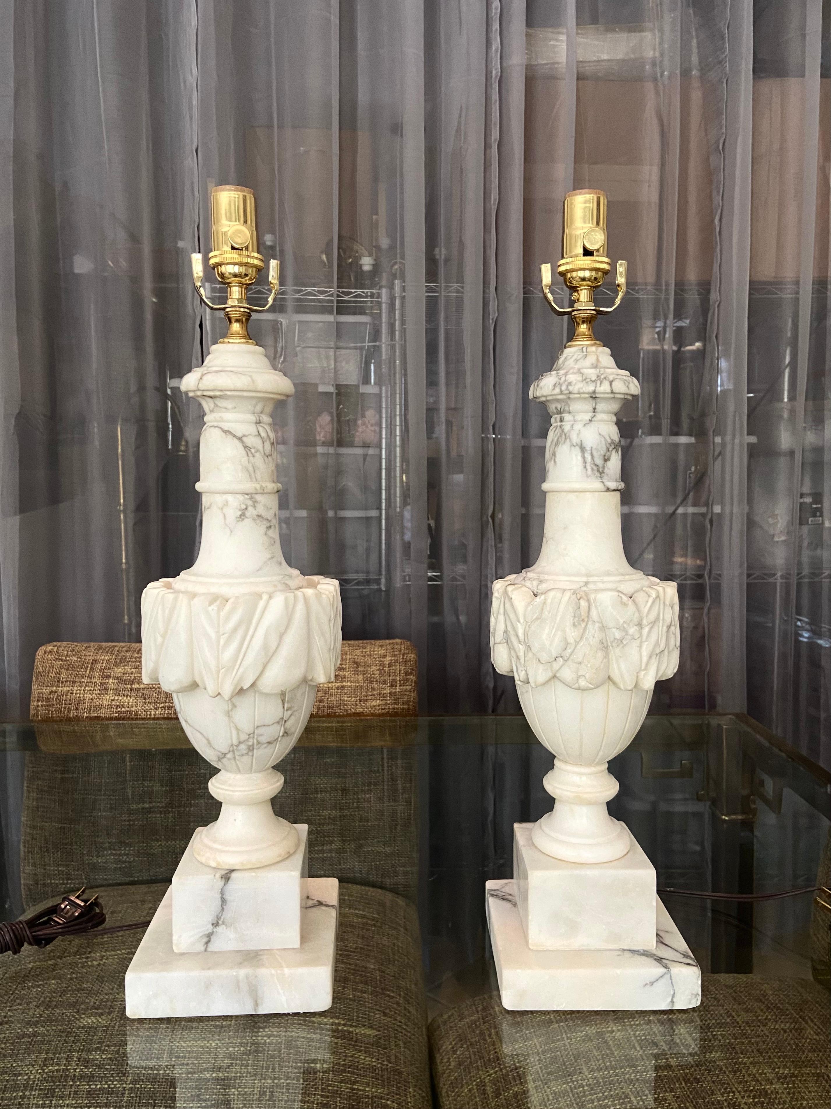 Classical Greek Pair Italian Urn Neoclassic Alabaster Table Lamps