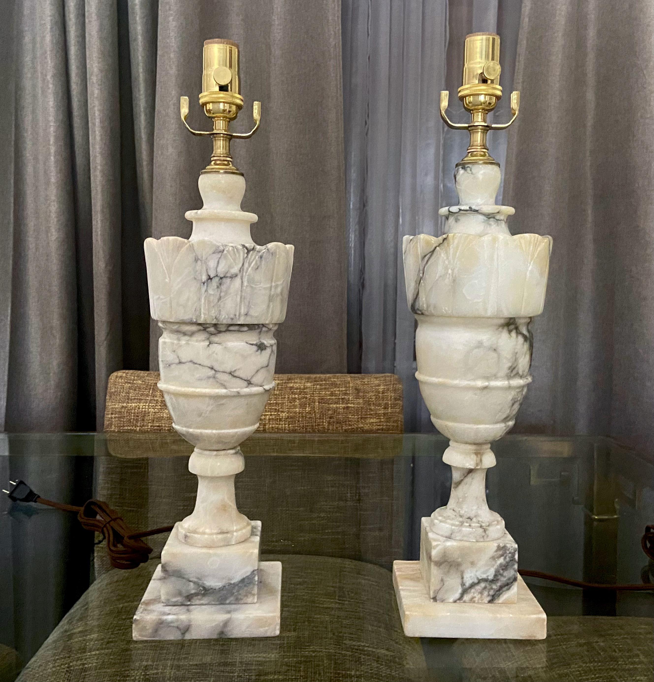 Classical Greek Pair Italian Urn Neoclassic Alabaster Table Lamps