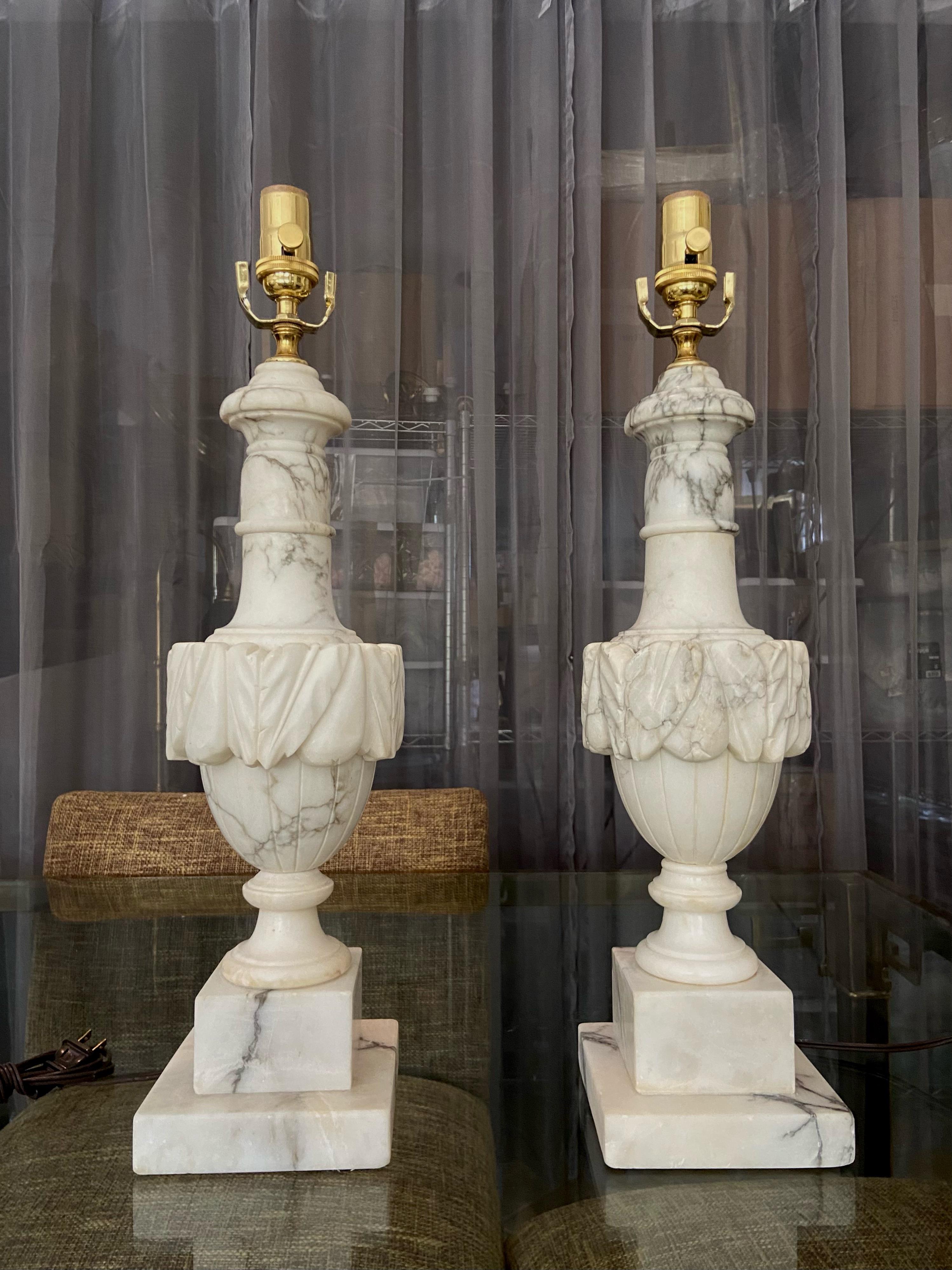 Mid-20th Century Pair Italian Urn Neoclassic Alabaster Table Lamps